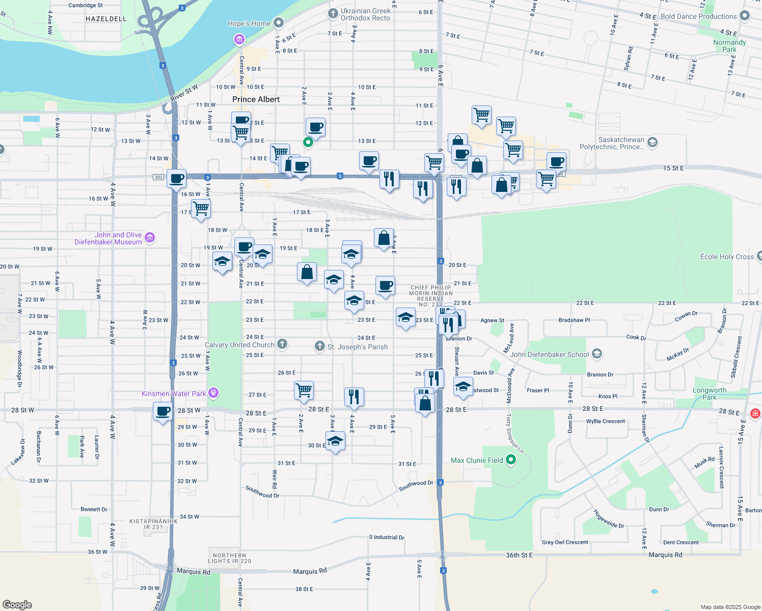 map of restaurants, bars, coffee shops, grocery stores, and more near 461 22 Street East in Prince Albert