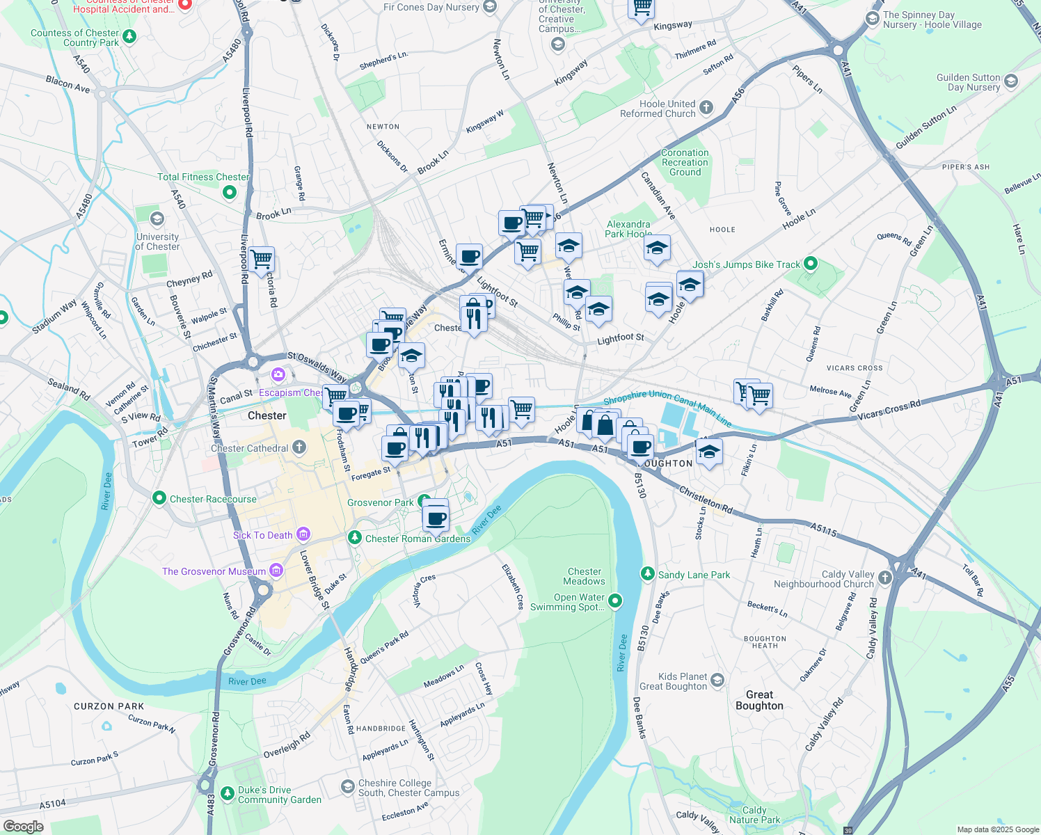 map of restaurants, bars, coffee shops, grocery stores, and more near 71 Boughton in Cheshire