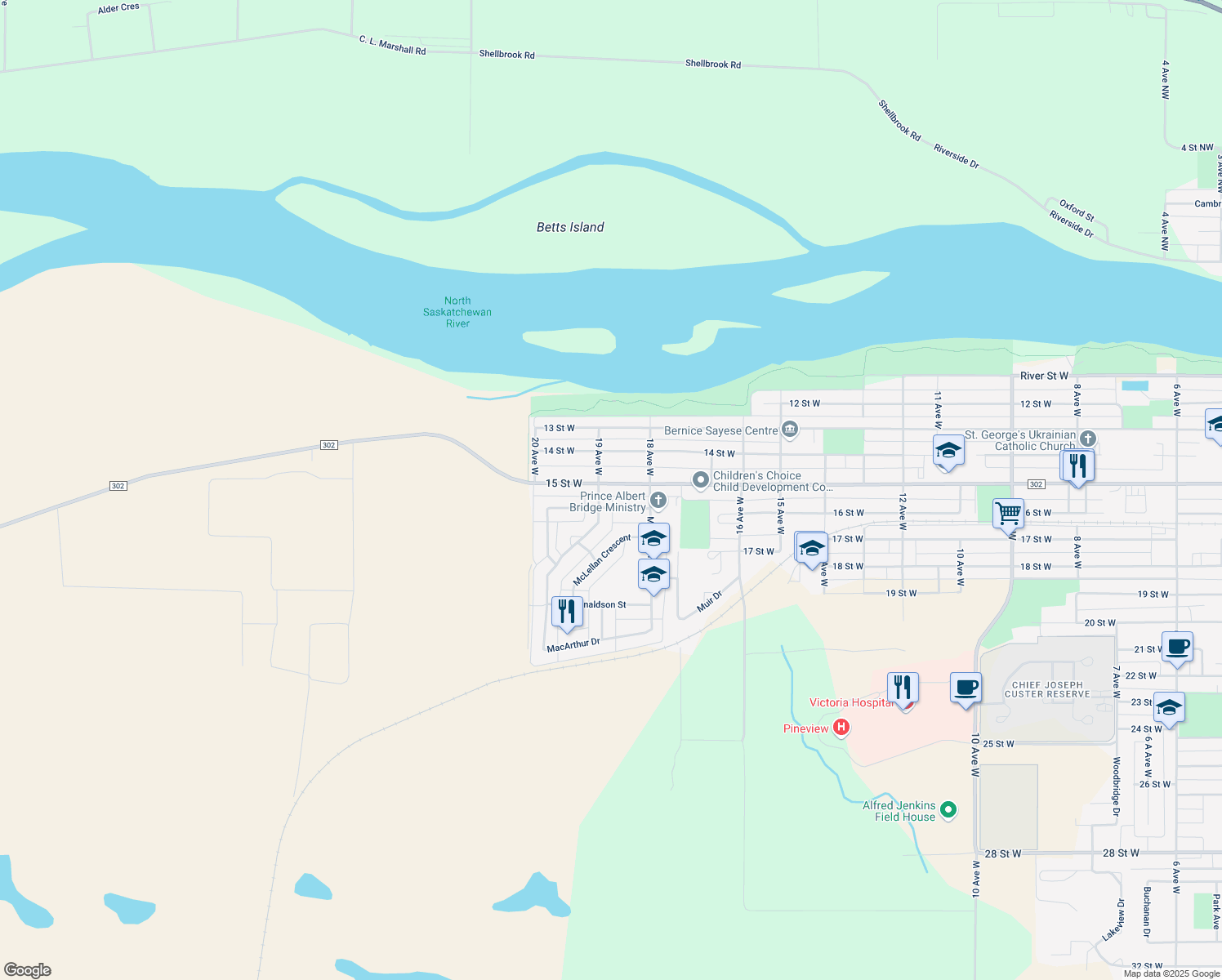 map of restaurants, bars, coffee shops, grocery stores, and more near 1859 15 Street West in Prince Albert