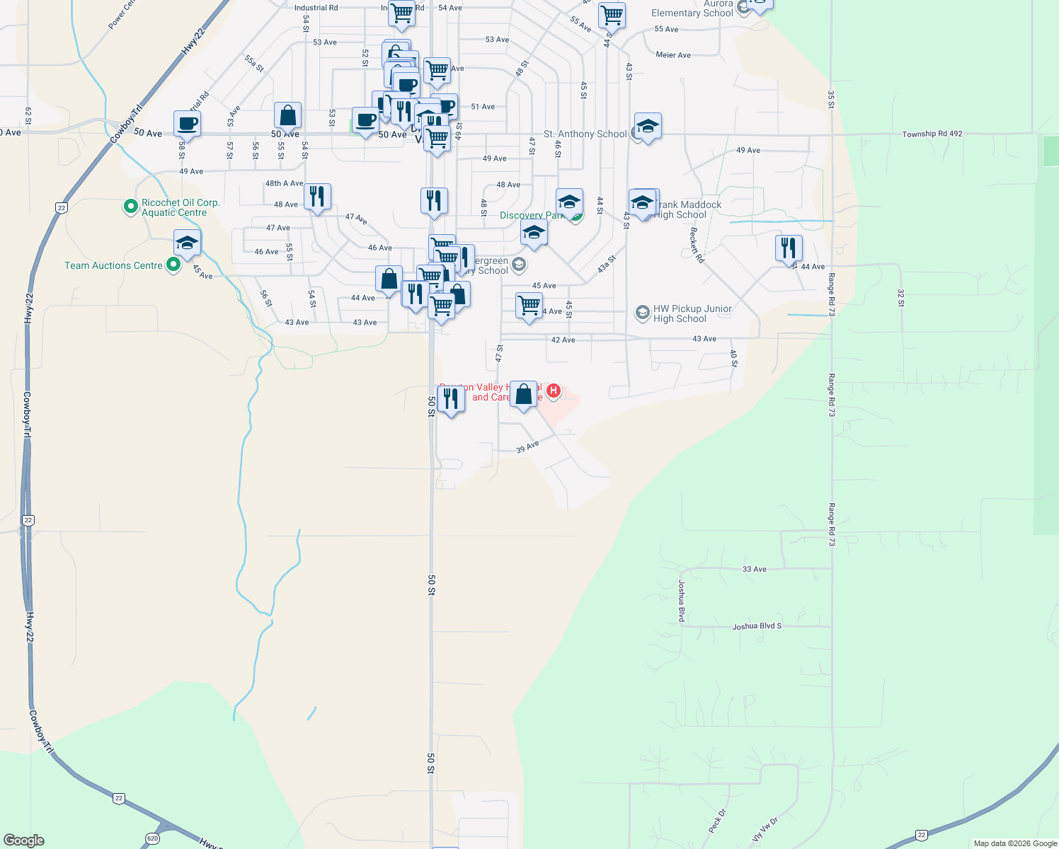map of restaurants, bars, coffee shops, grocery stores, and more near 3913 46 Street in Drayton Valley