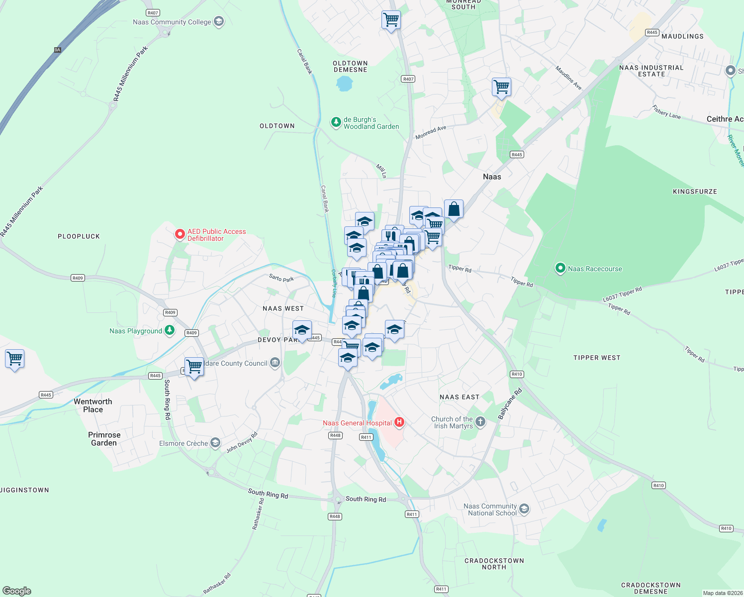 map of restaurants, bars, coffee shops, grocery stores, and more near 25 North Main Street in Stree