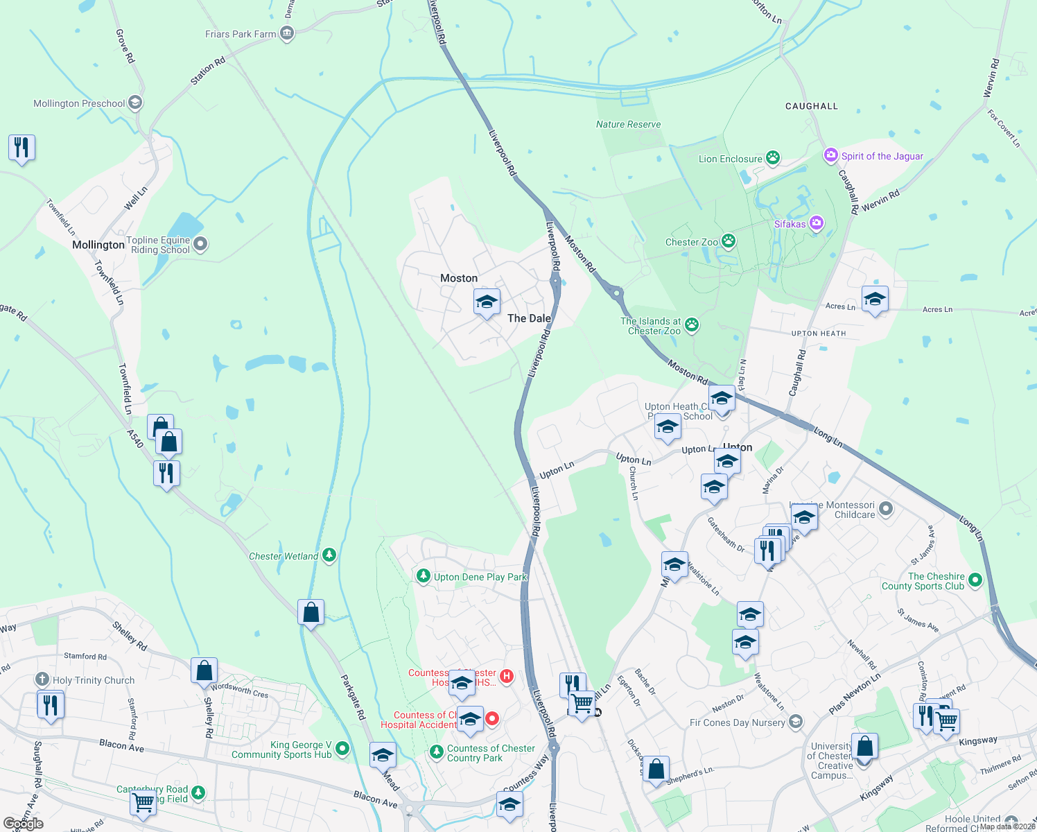 map of restaurants, bars, coffee shops, grocery stores, and more near Liverpool Road in Cheshire West and Chester