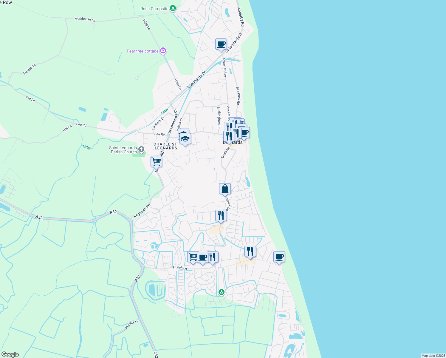 map of restaurants, bars, coffee shops, grocery stores, and more near South Road in Chapel Saint Leonards