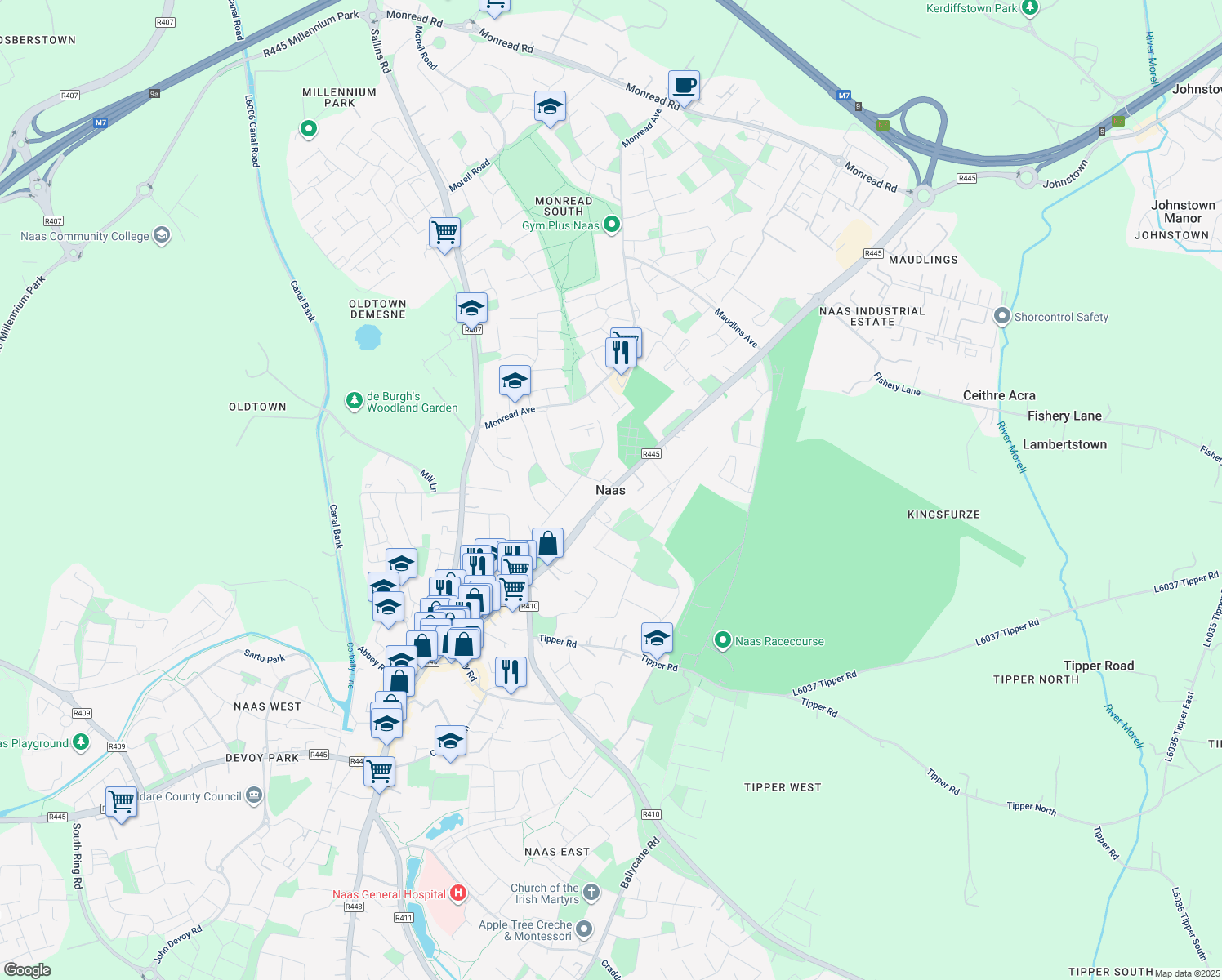 map of restaurants, bars, coffee shops, grocery stores, and more near in Naas