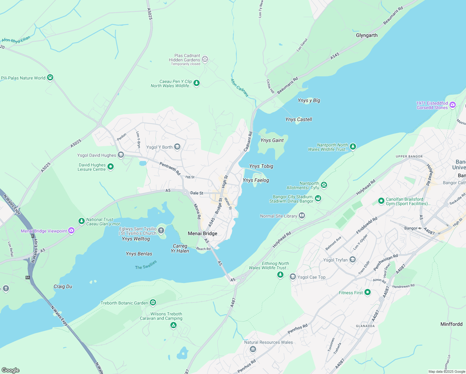 map of restaurants, bars, coffee shops, grocery stores, and more near in Menai Bridge