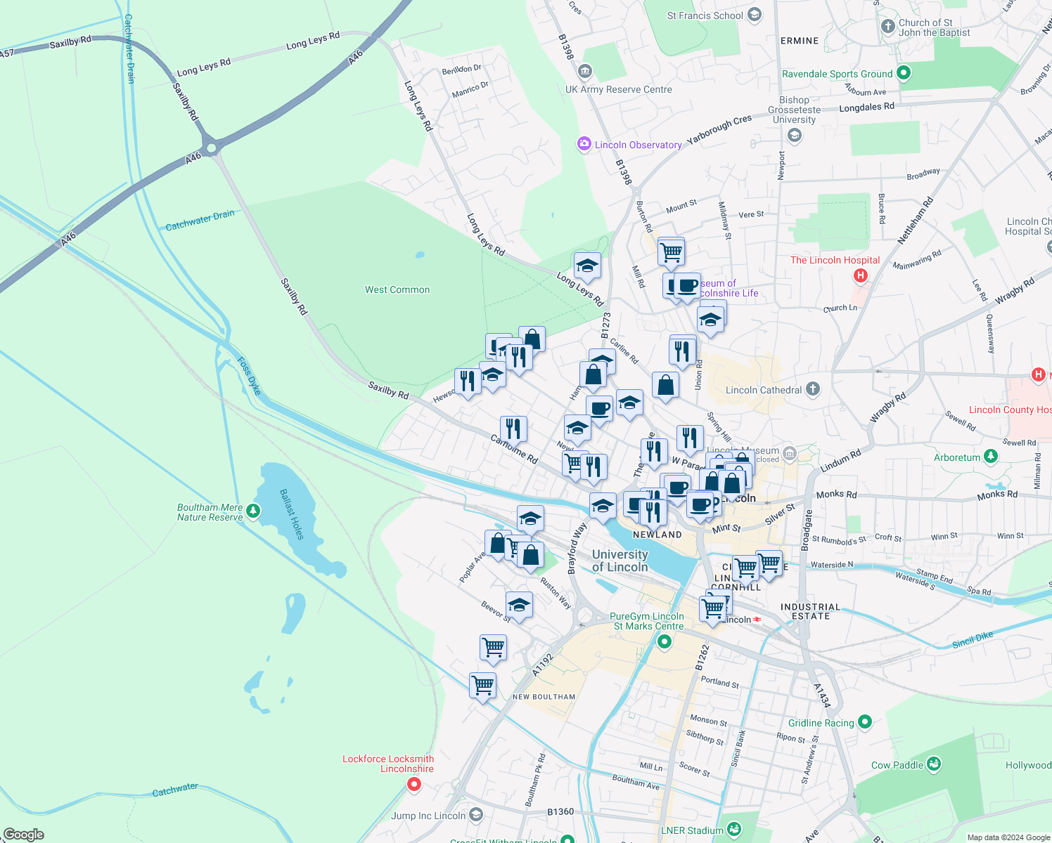 map of restaurants, bars, coffee shops, grocery stores, and more near 131 Newland Street West in Lincolnshire