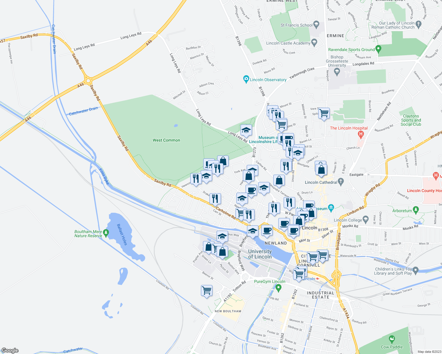 map of restaurants, bars, coffee shops, grocery stores, and more near 258 West Parade in Lincolnshire