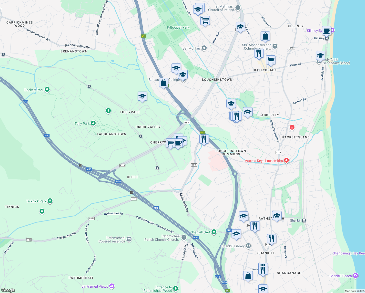 map of restaurants, bars, coffee shops, grocery stores, and more near 2 Páirc Choill Na Silíní in Baile Átha Cliath