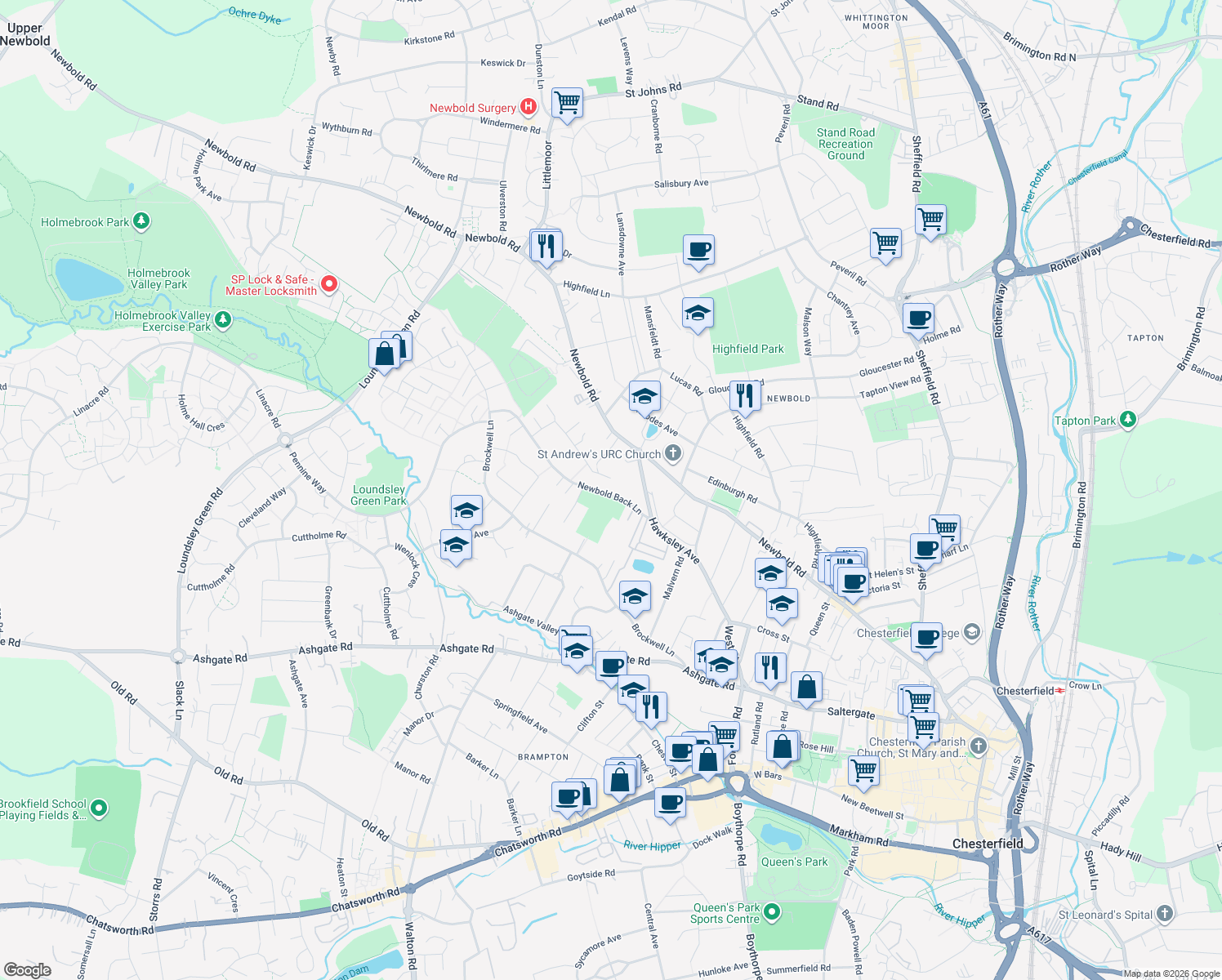 map of restaurants, bars, coffee shops, grocery stores, and more near Newbold Back Lane in Derbyshire