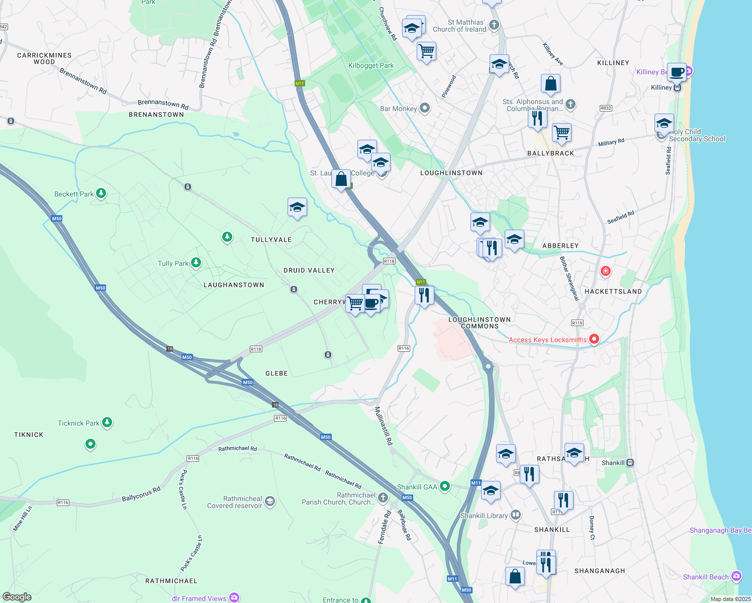 map of restaurants, bars, coffee shops, grocery stores, and more near 2 Páirc Choill Na Silíní in Baile Átha Cliath
