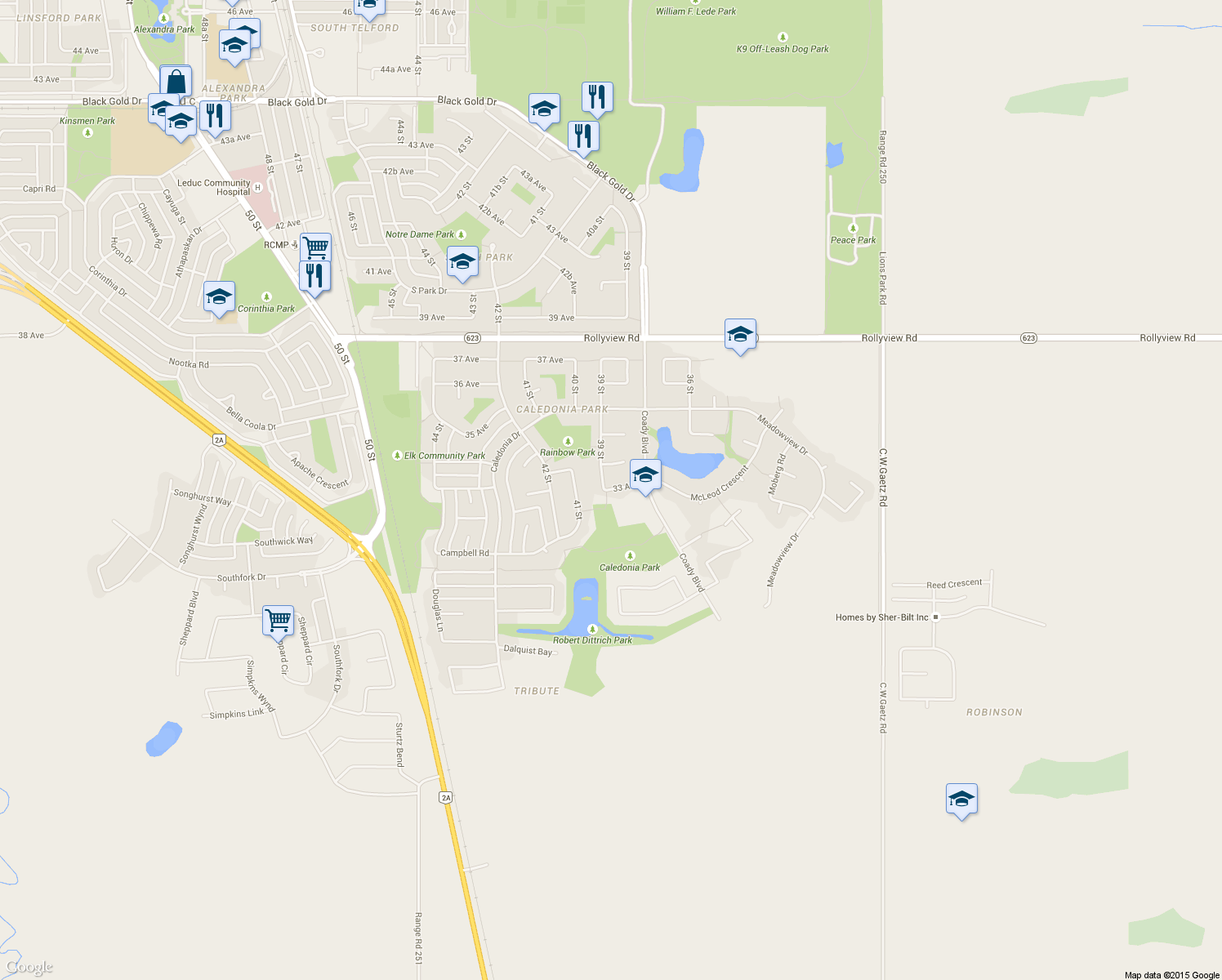 map of restaurants, bars, coffee shops, grocery stores, and more near 3815 33 Avenue in Leduc