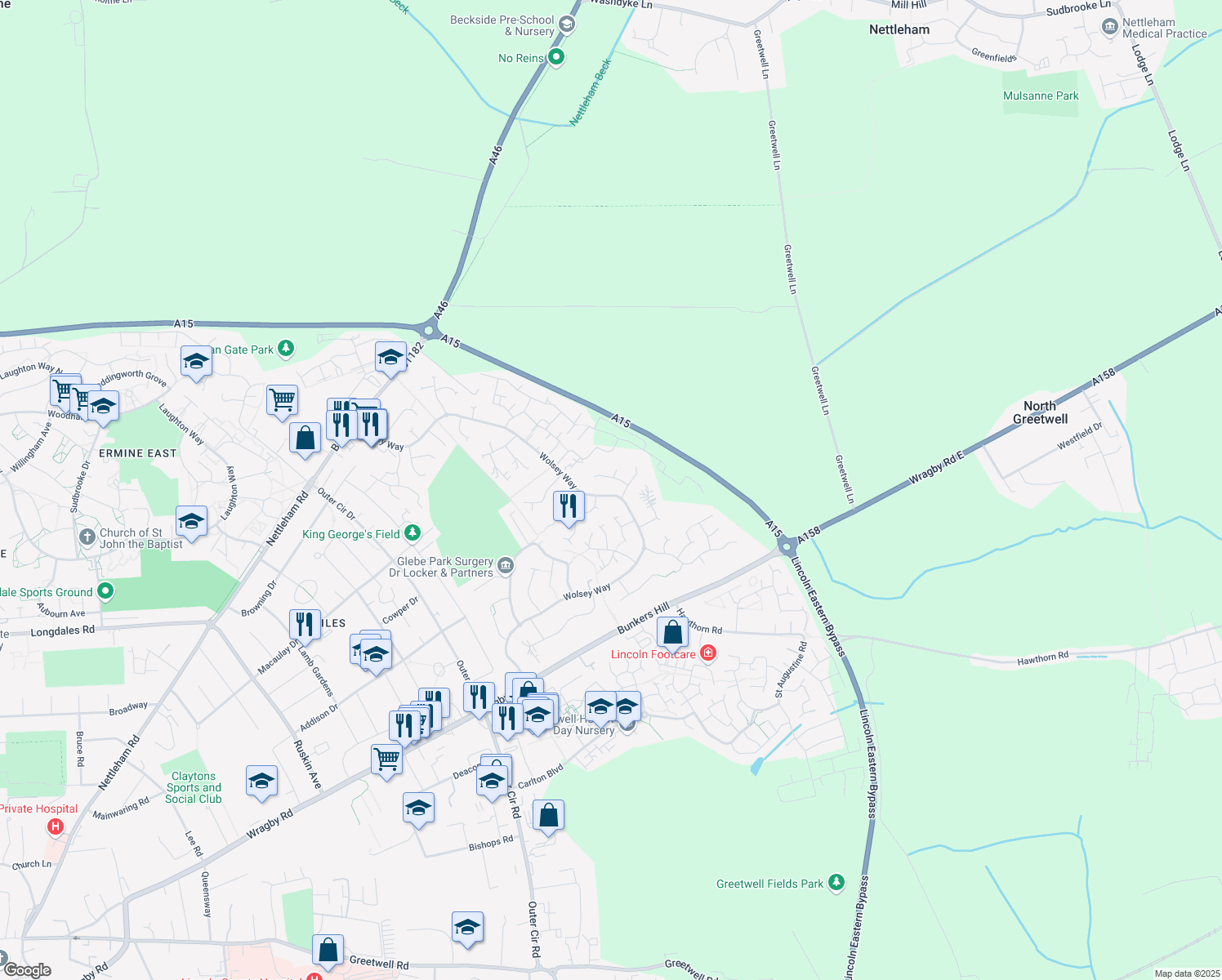 map of restaurants, bars, coffee shops, grocery stores, and more near Wolsey Way in Lincolnshire
