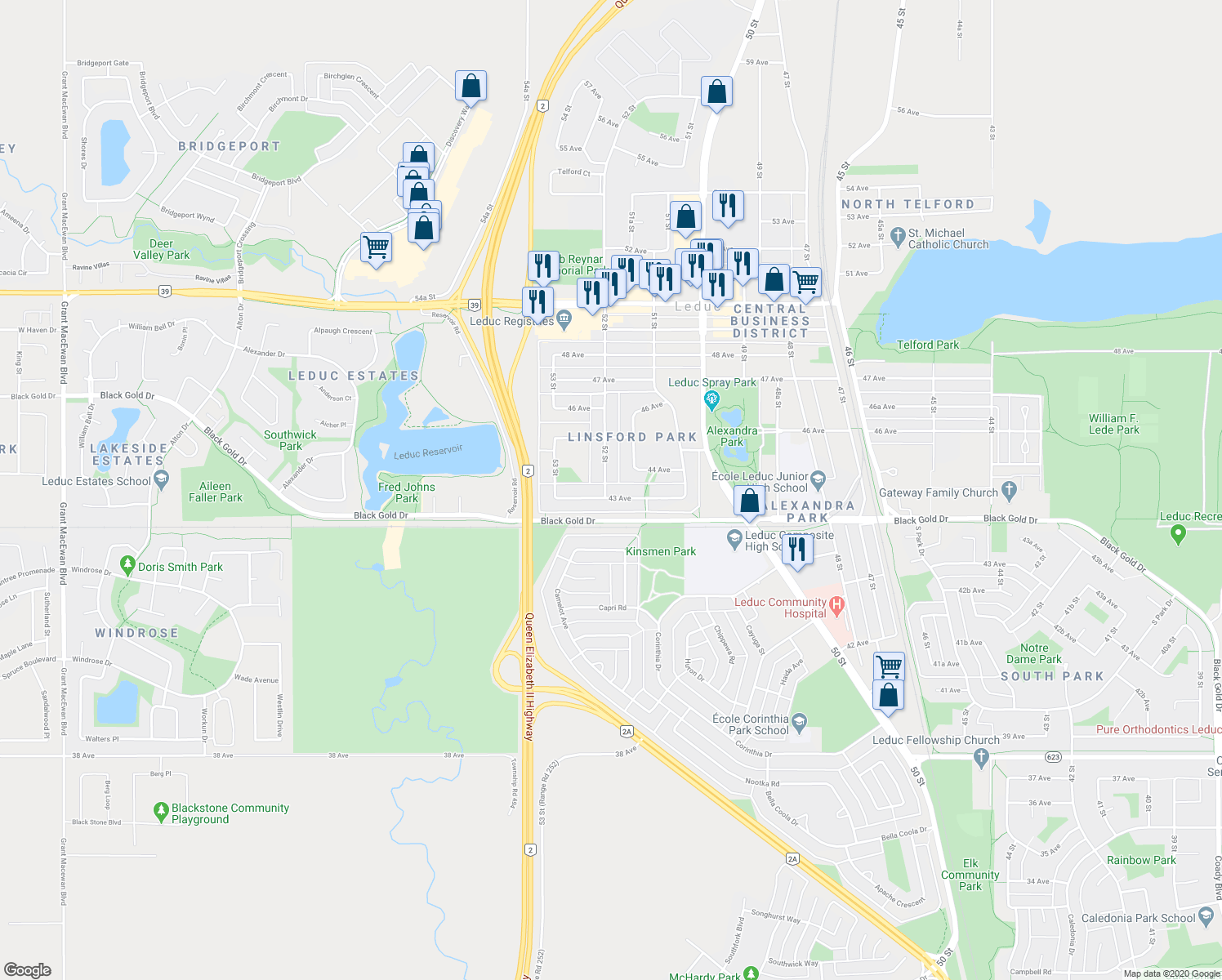 map of restaurants, bars, coffee shops, grocery stores, and more near 4301 52 Street in Leduc