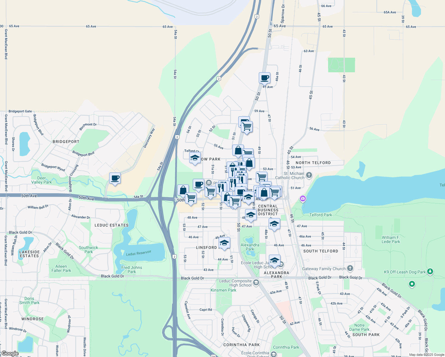 map of restaurants, bars, coffee shops, grocery stores, and more near 5102 52 Avenue in Leduc