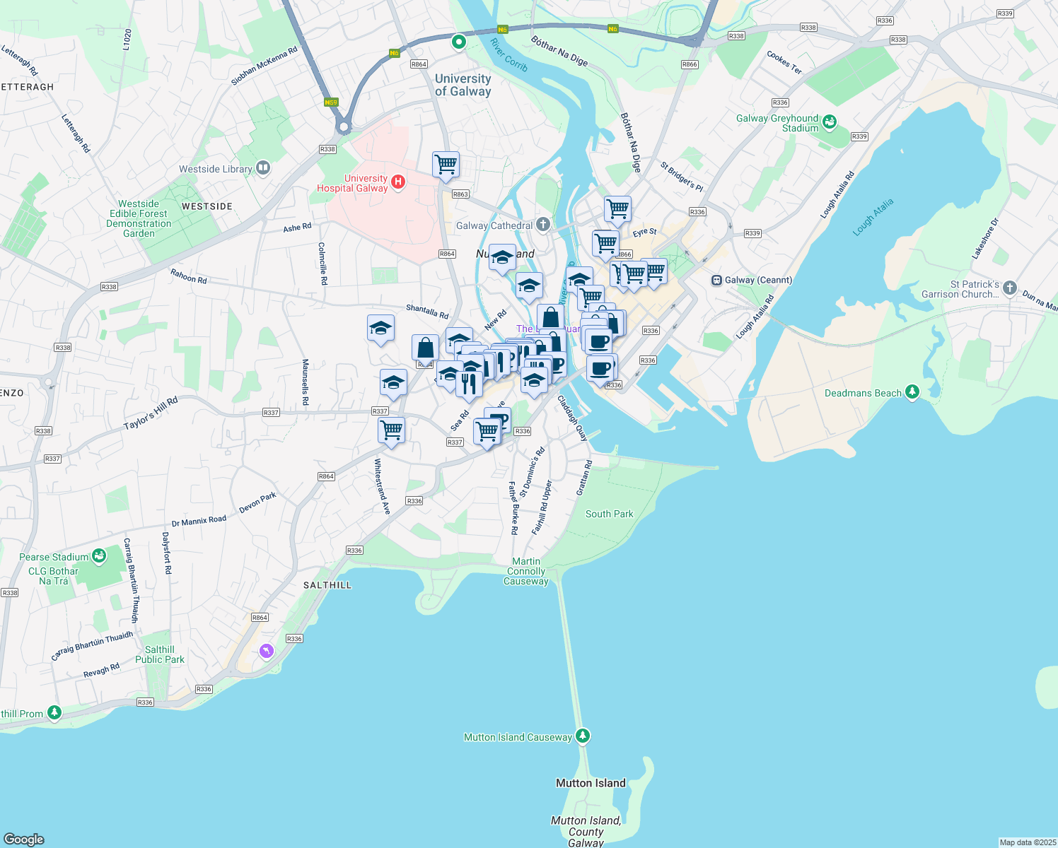map of restaurants, bars, coffee shops, grocery stores, and more near 79 Father Griffin Road in Galway