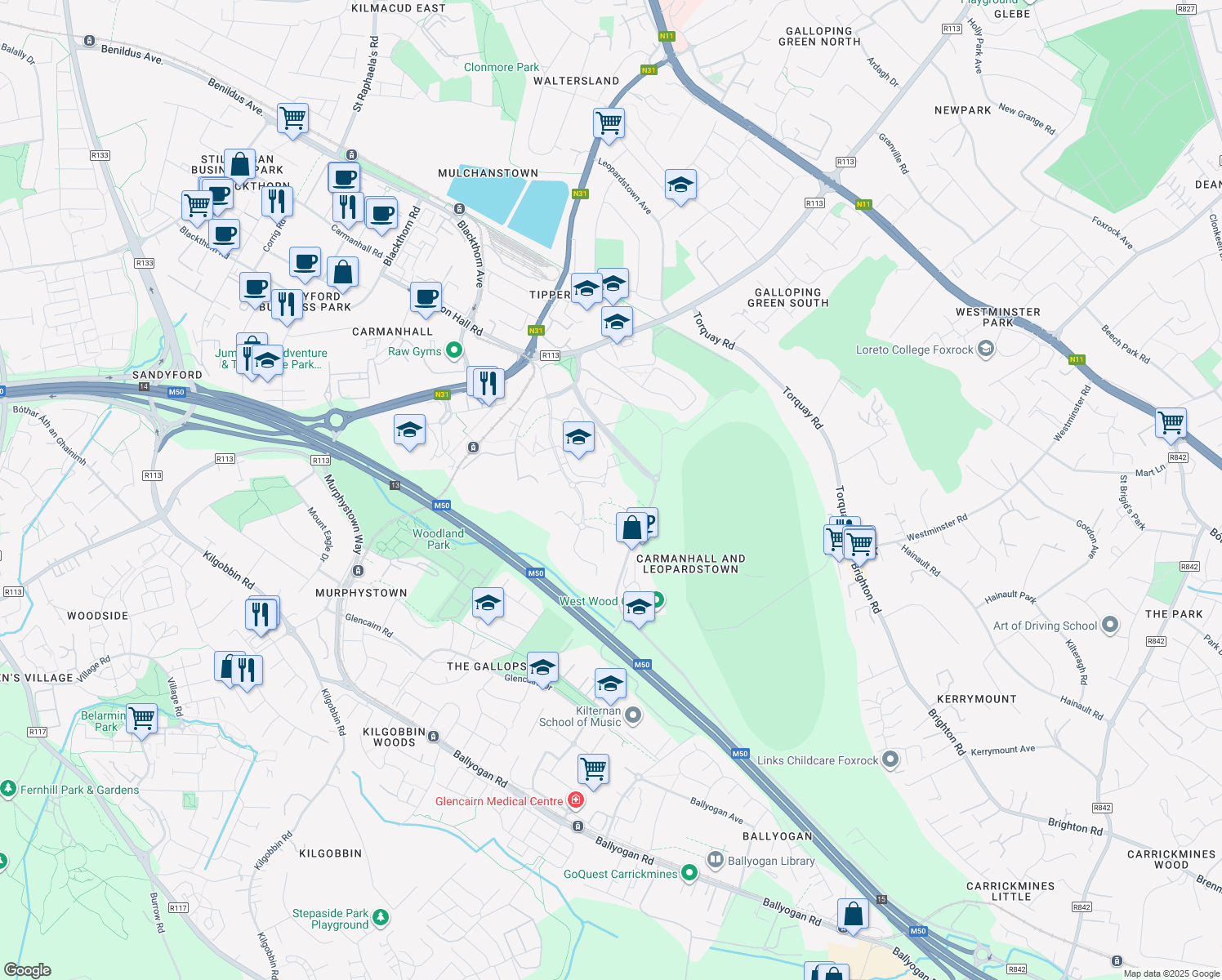 map of restaurants, bars, coffee shops, grocery stores, and more near in Dublin