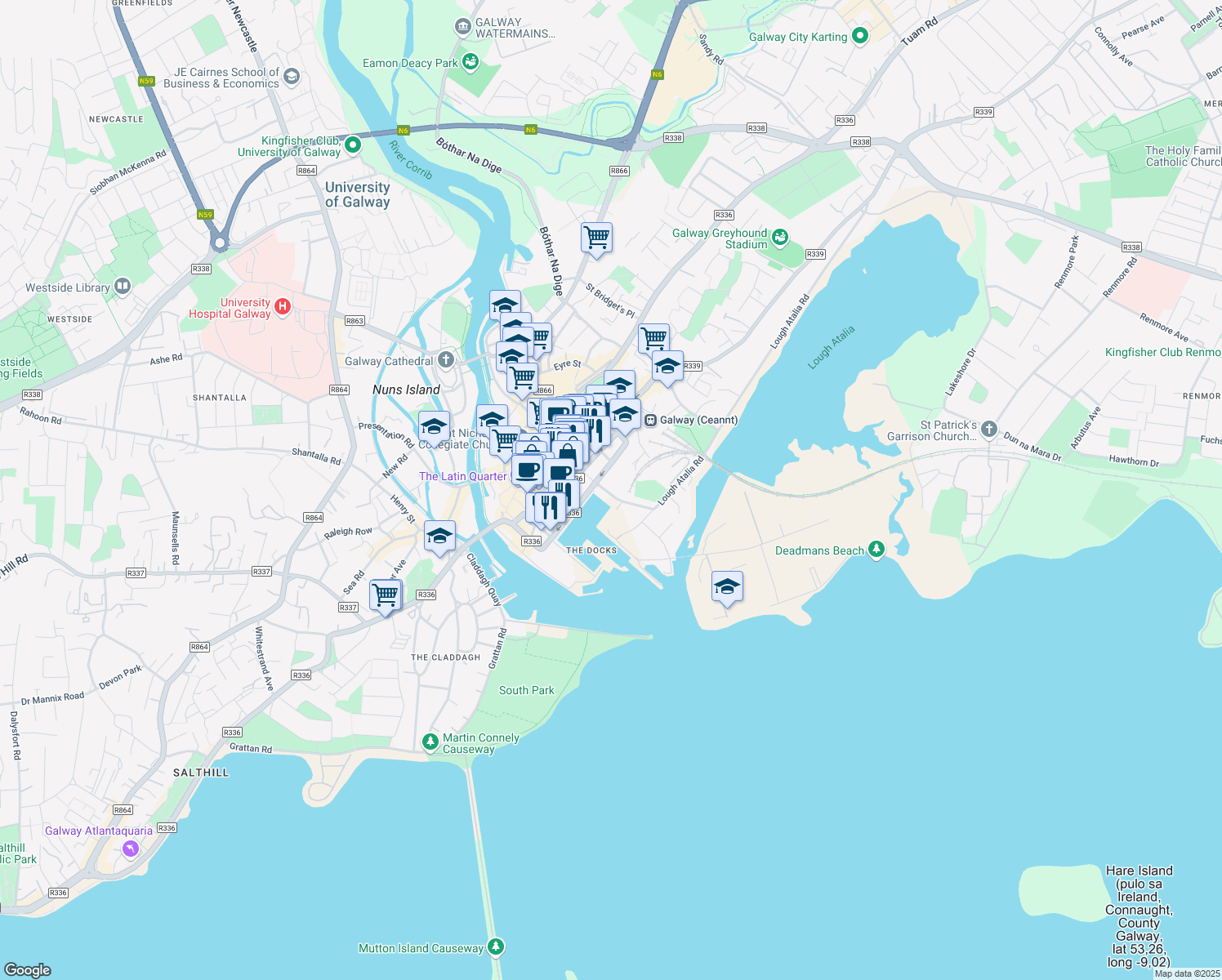 map of restaurants, bars, coffee shops, grocery stores, and more near 25 Dock Road in Galway