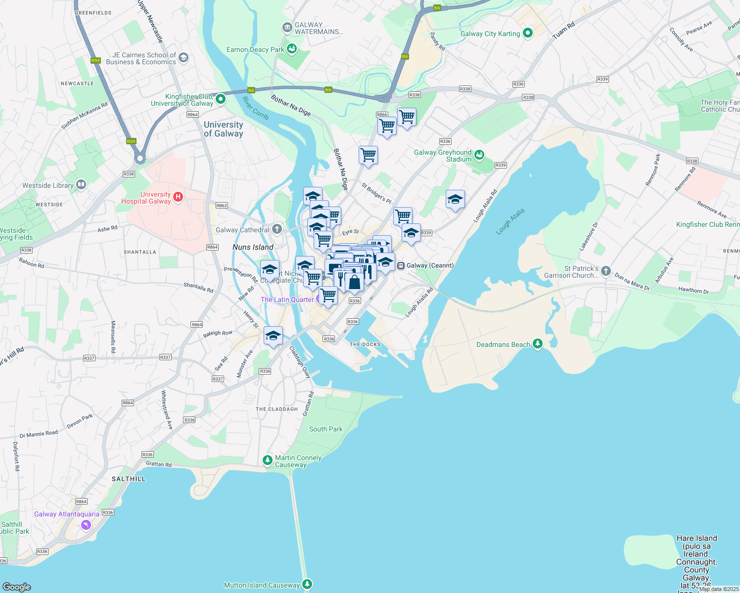map of restaurants, bars, coffee shops, grocery stores, and more near 25 Dock Road in Galway