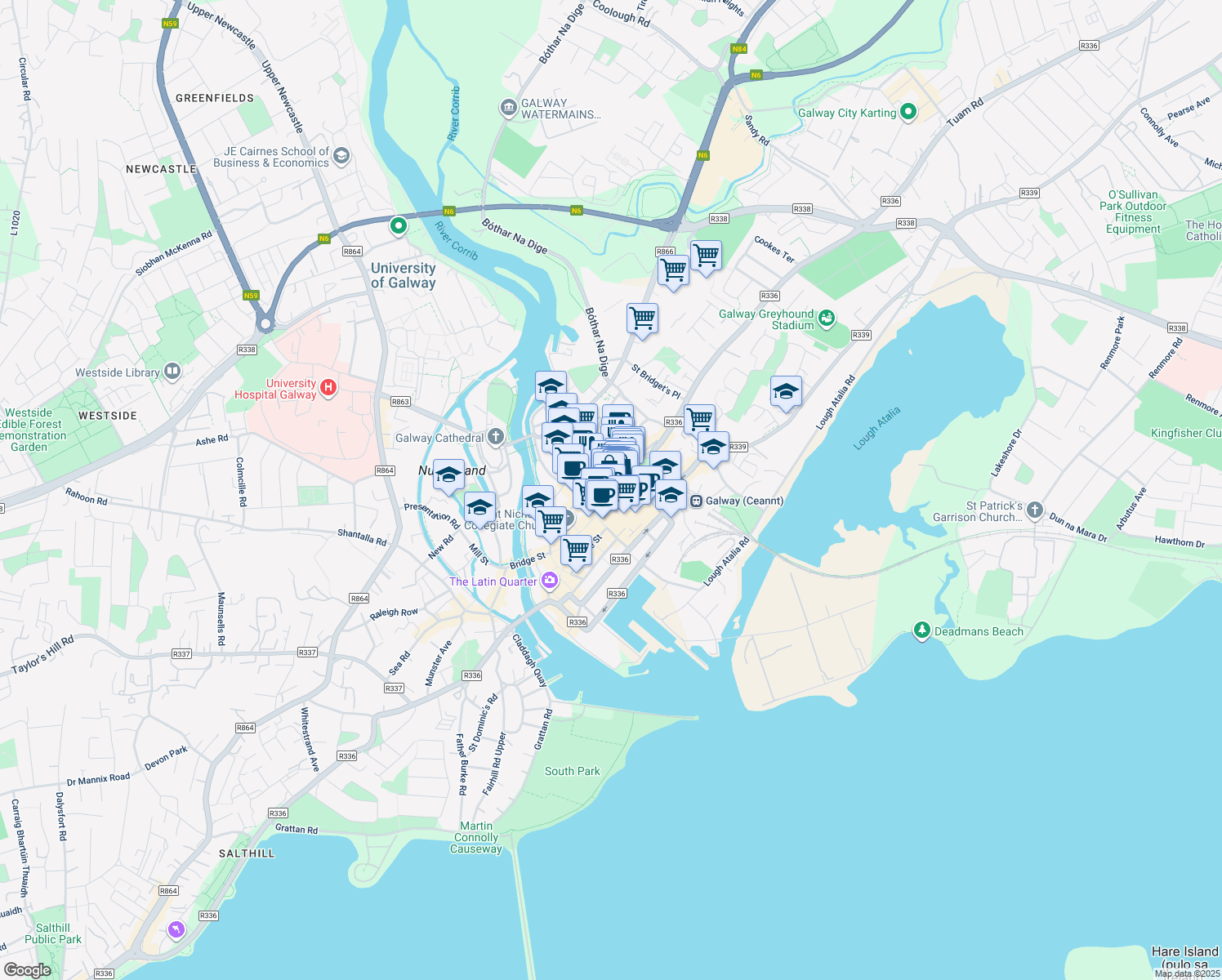 map of restaurants, bars, coffee shops, grocery stores, and more near in Galway