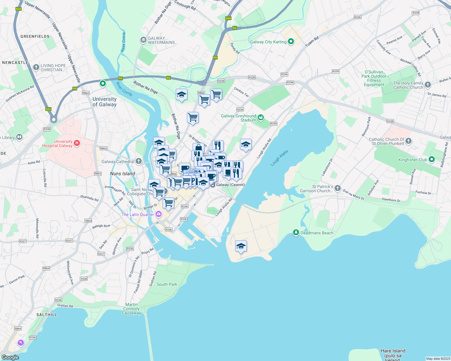 map of restaurants, bars, coffee shops, grocery stores, and more near Fairgreen Road in Galway