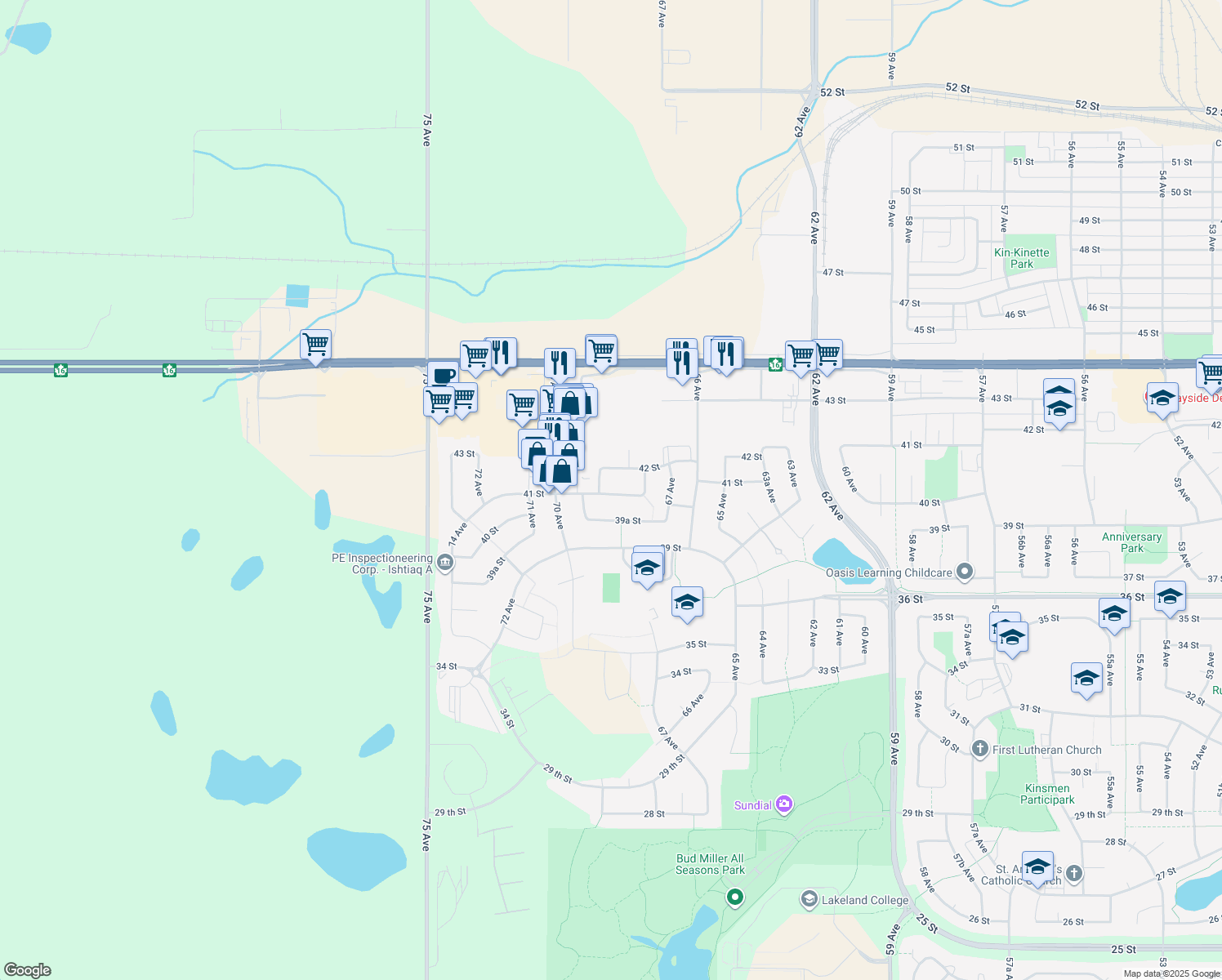 map of restaurants, bars, coffee shops, grocery stores, and more near 6814 41 Street in Lloydminster