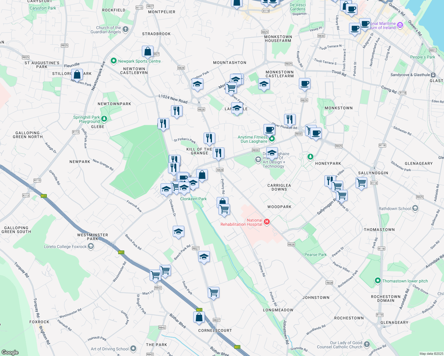 map of restaurants, bars, coffee shops, grocery stores, and more near Pottery Road in Dublin