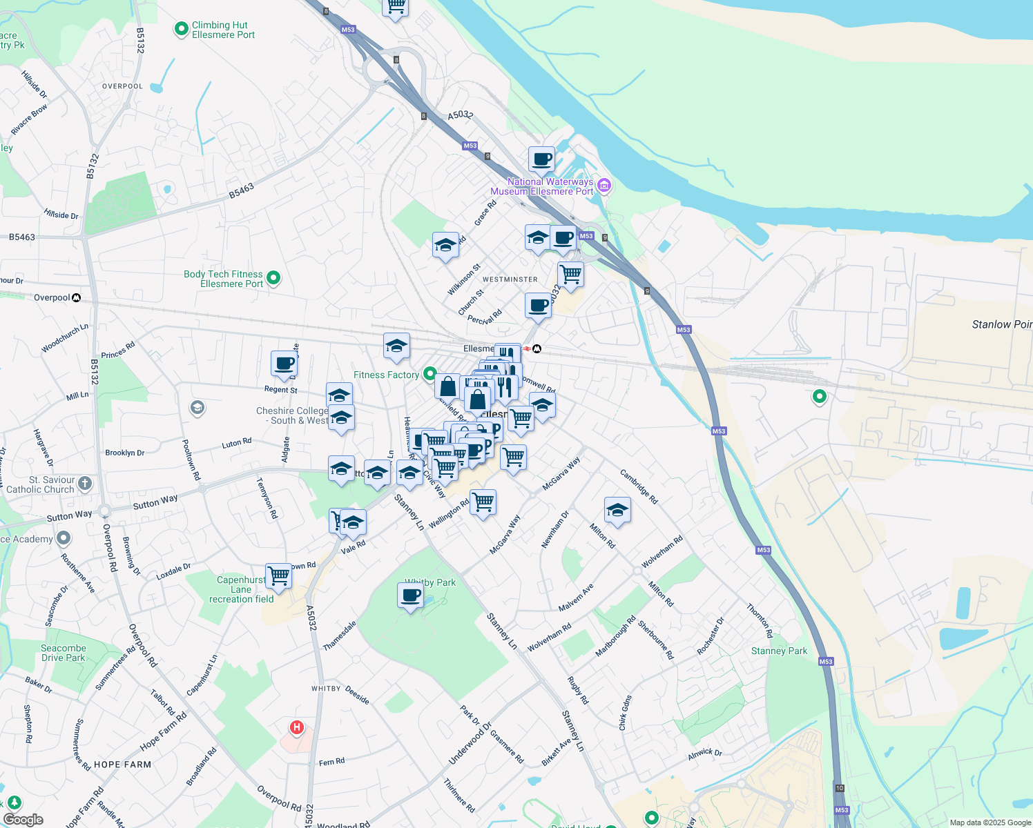 map of restaurants, bars, coffee shops, grocery stores, and more near in Ellesmere Port