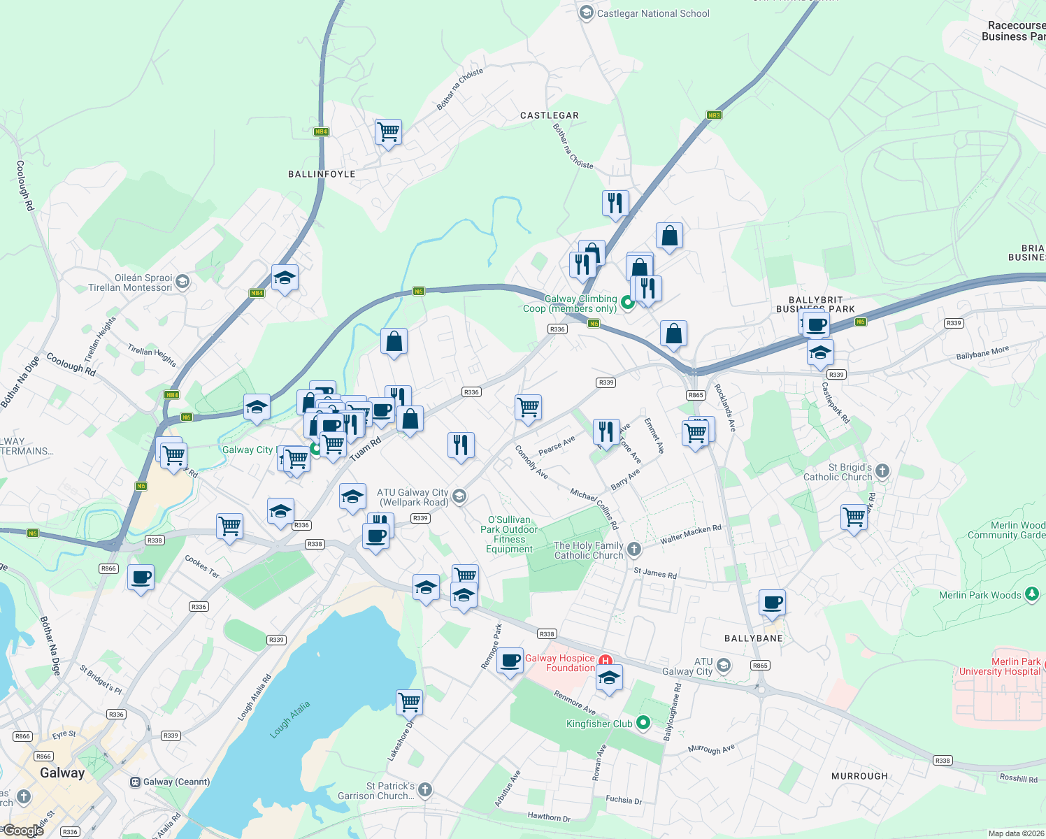 map of restaurants, bars, coffee shops, grocery stores, and more near Monivea Road in Galway
