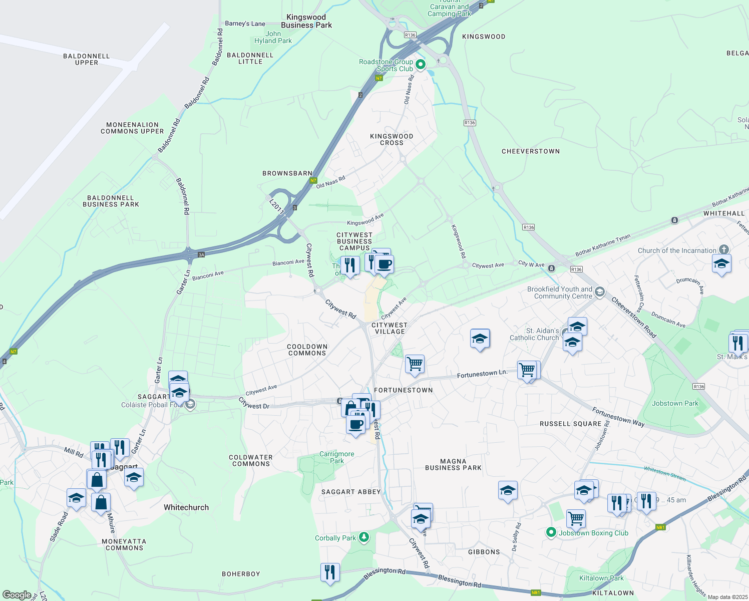 map of restaurants, bars, coffee shops, grocery stores, and more near 14 Riverwalk in Dublin