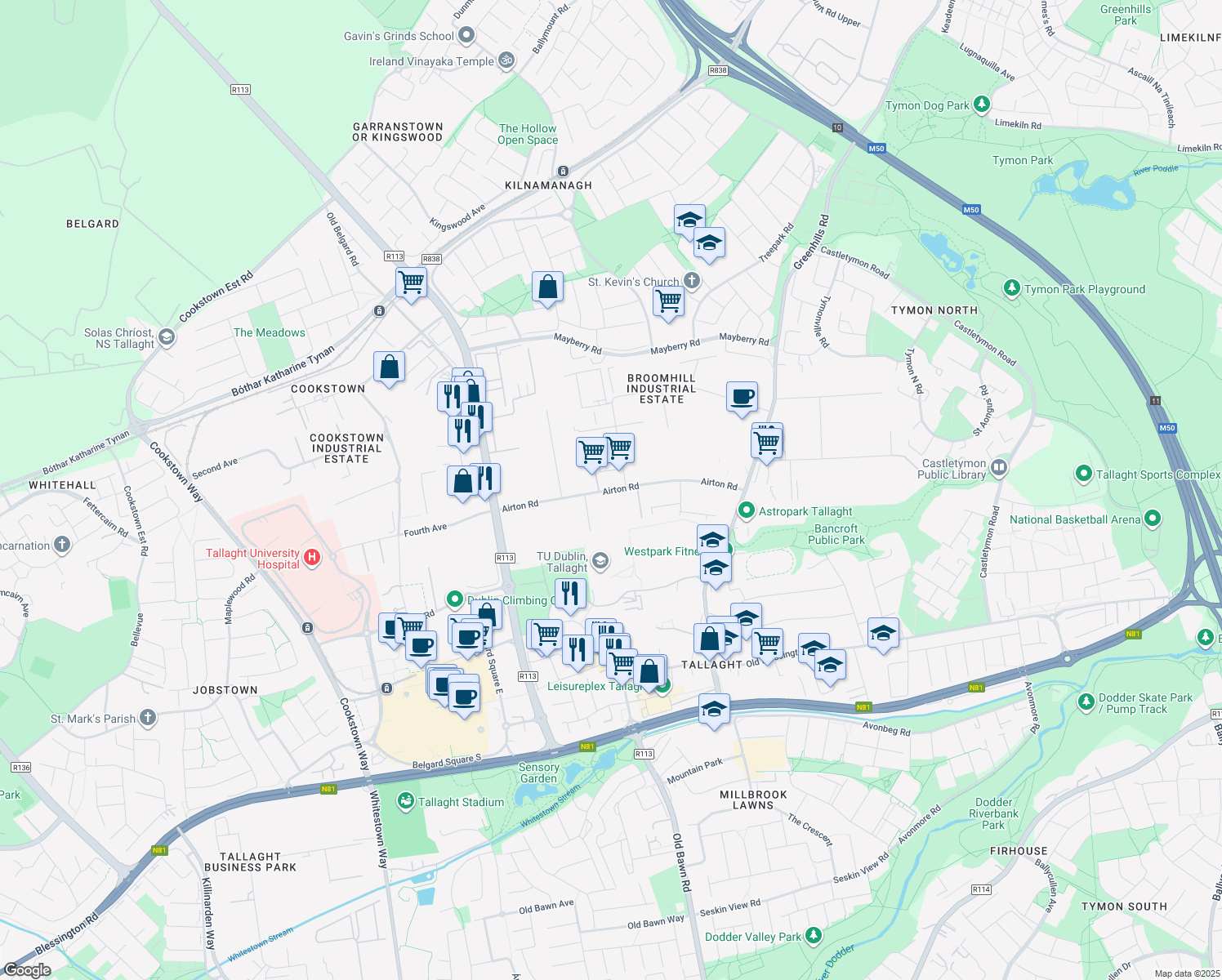 map of restaurants, bars, coffee shops, grocery stores, and more near Airton Road in Dublin