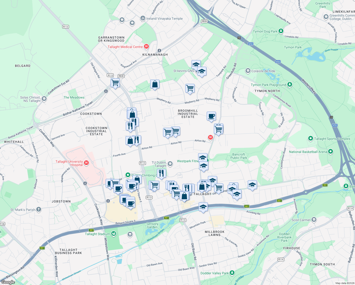 map of restaurants, bars, coffee shops, grocery stores, and more near Airton Road in Dublin