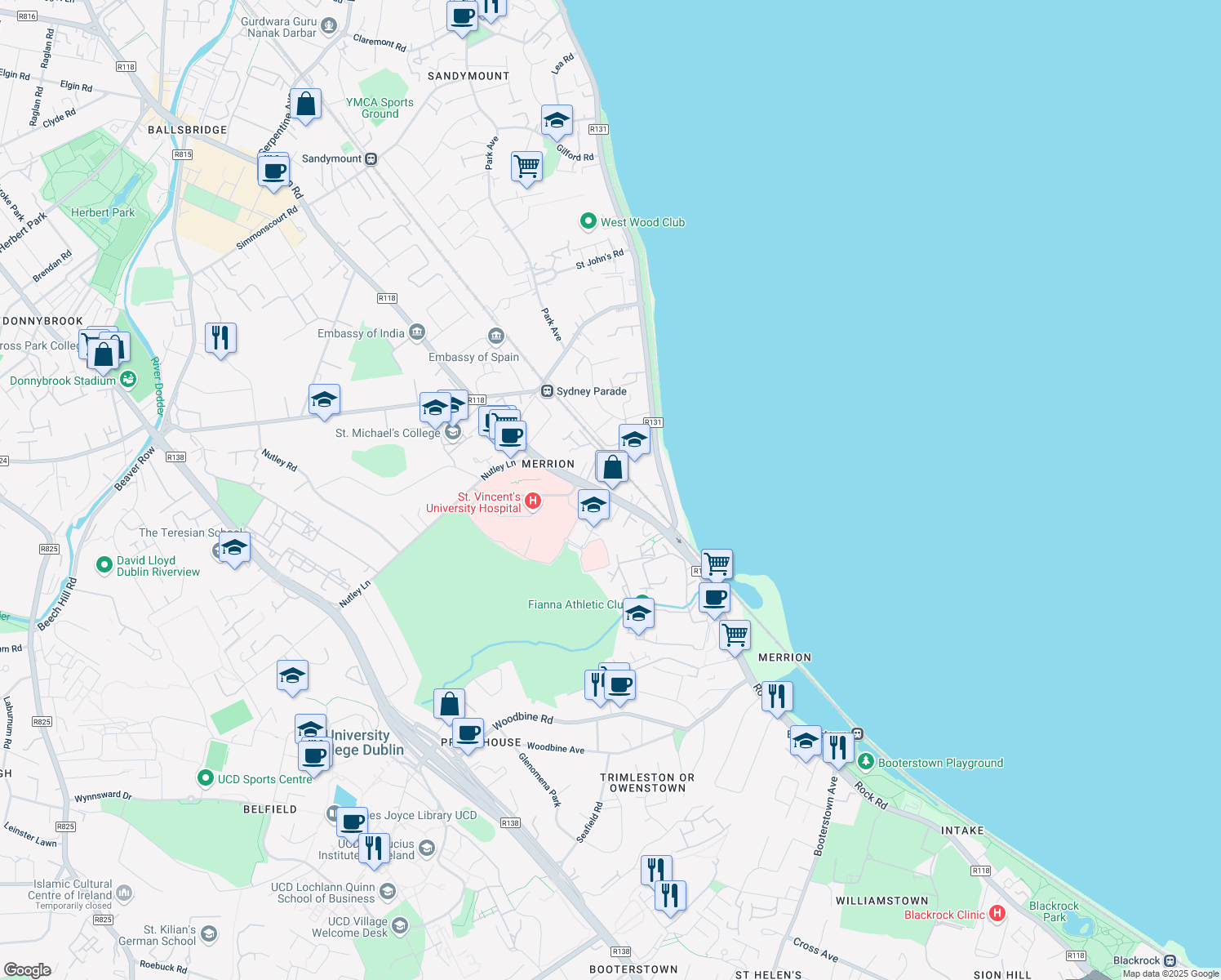 map of restaurants, bars, coffee shops, grocery stores, and more near 230 Merrion Road in Dublin
