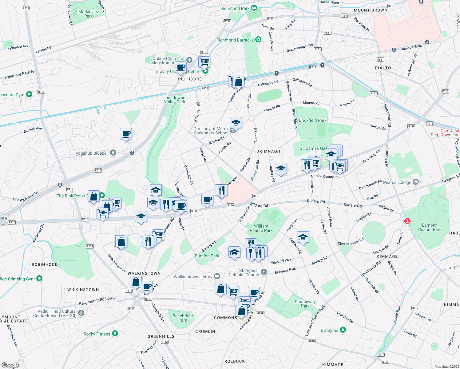 map of restaurants, bars, coffee shops, grocery stores, and more near 105 Dromard Road in Drimnagh