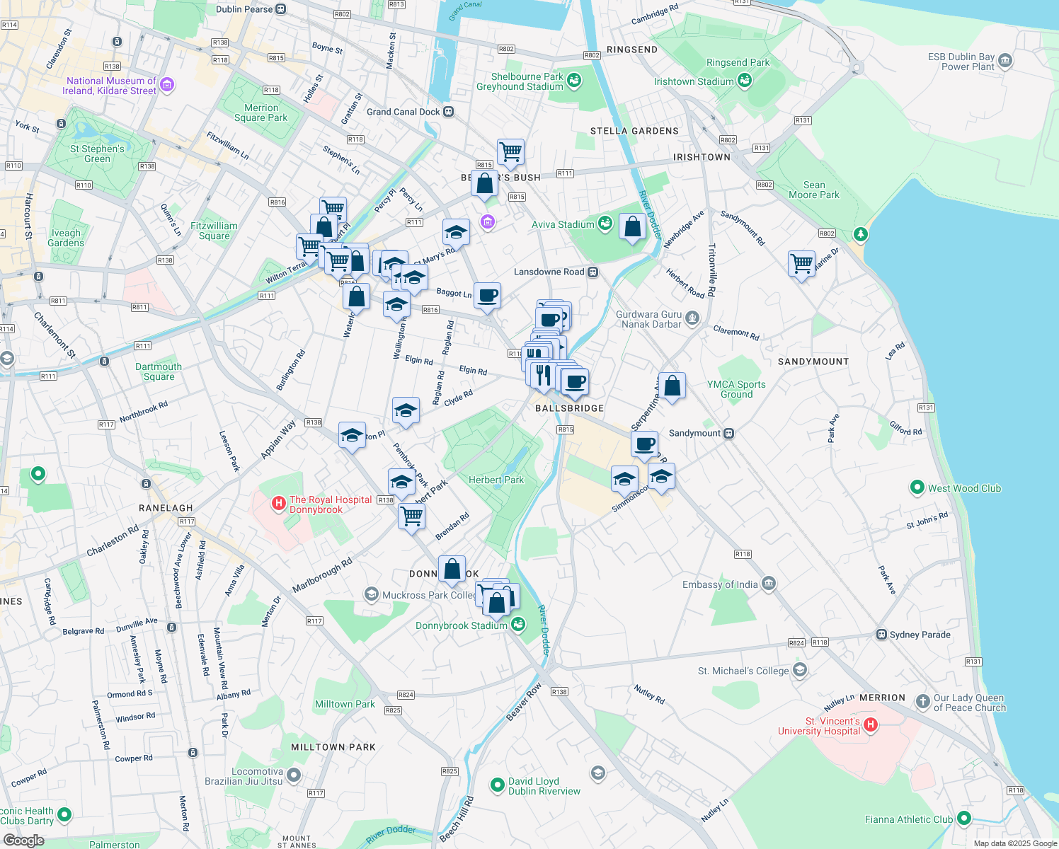 map of restaurants, bars, coffee shops, grocery stores, and more near 10 Pembroke Place in Dublin