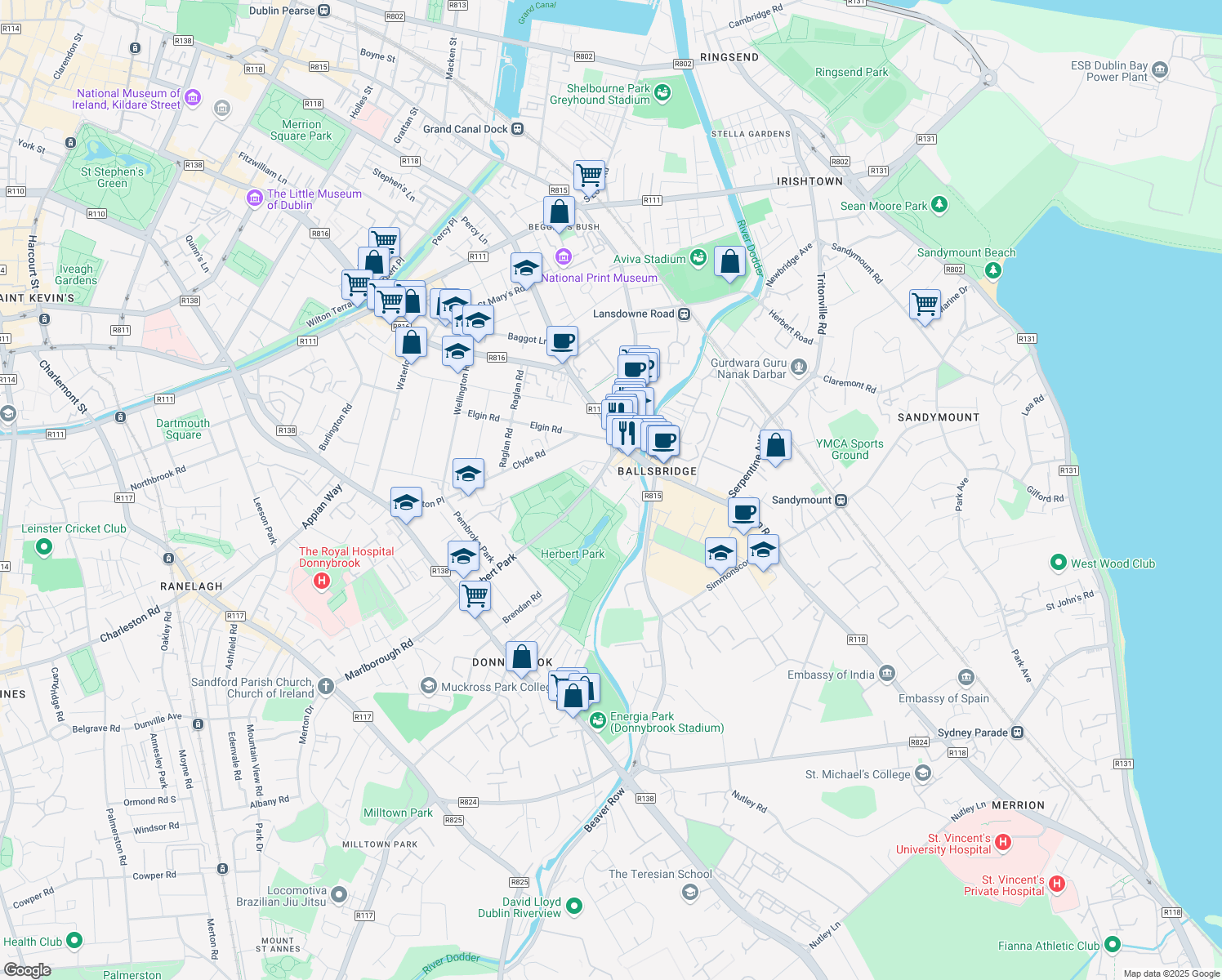map of restaurants, bars, coffee shops, grocery stores, and more near 10 Pembroke Place in Dublin