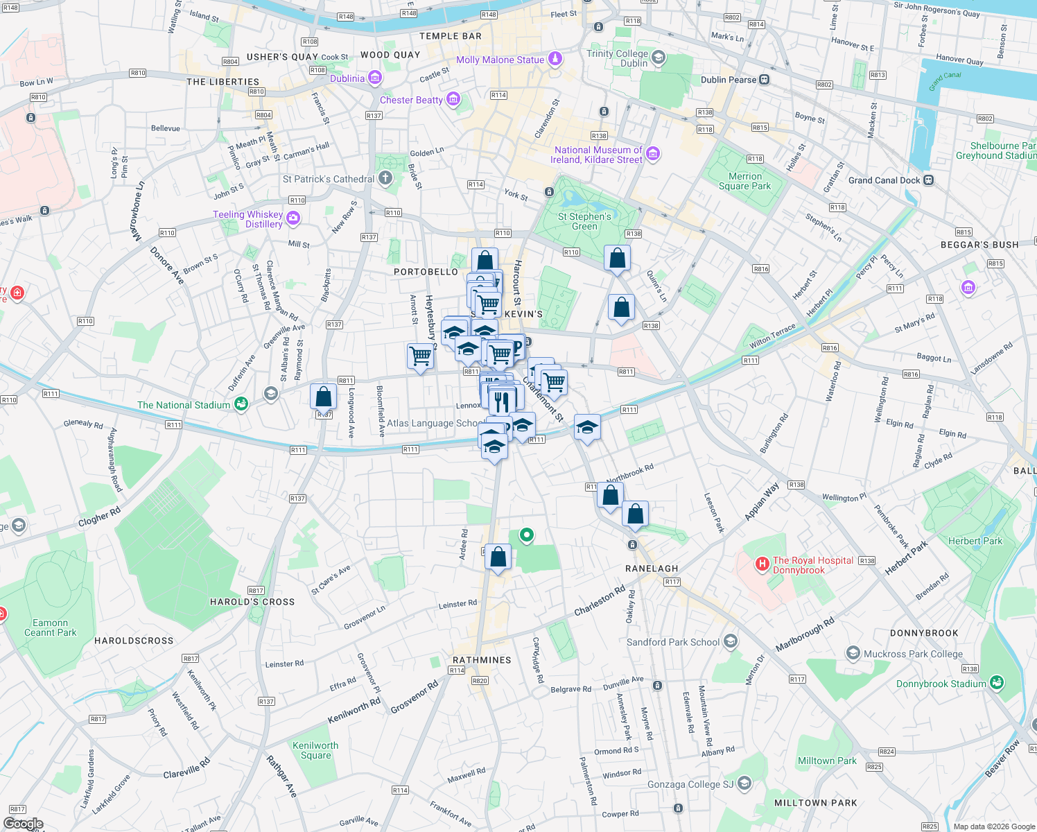 map of restaurants, bars, coffee shops, grocery stores, and more near 1 Charlemont Square in Dublin