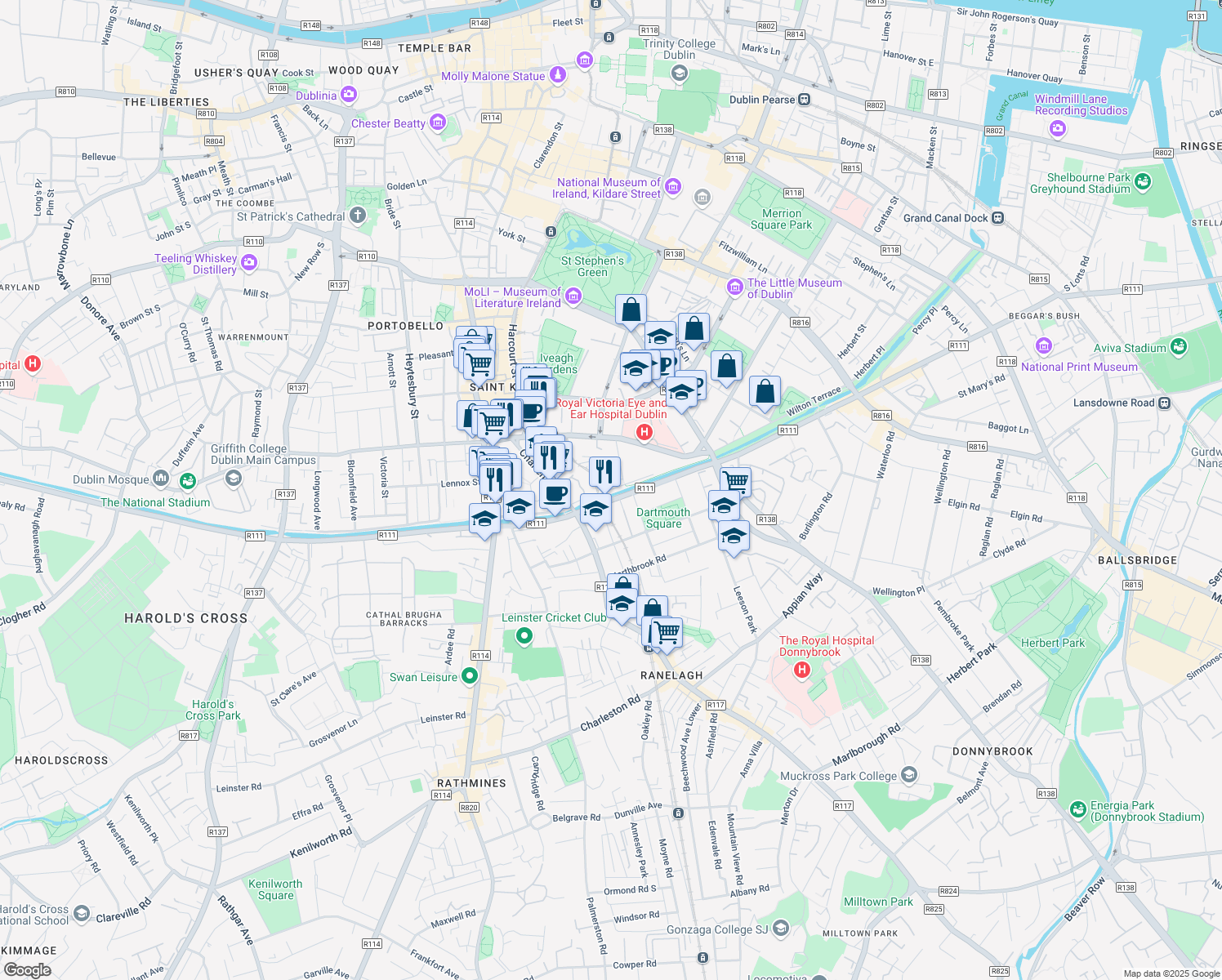 map of restaurants, bars, coffee shops, grocery stores, and more near 55 Charlemont Place in Dublin