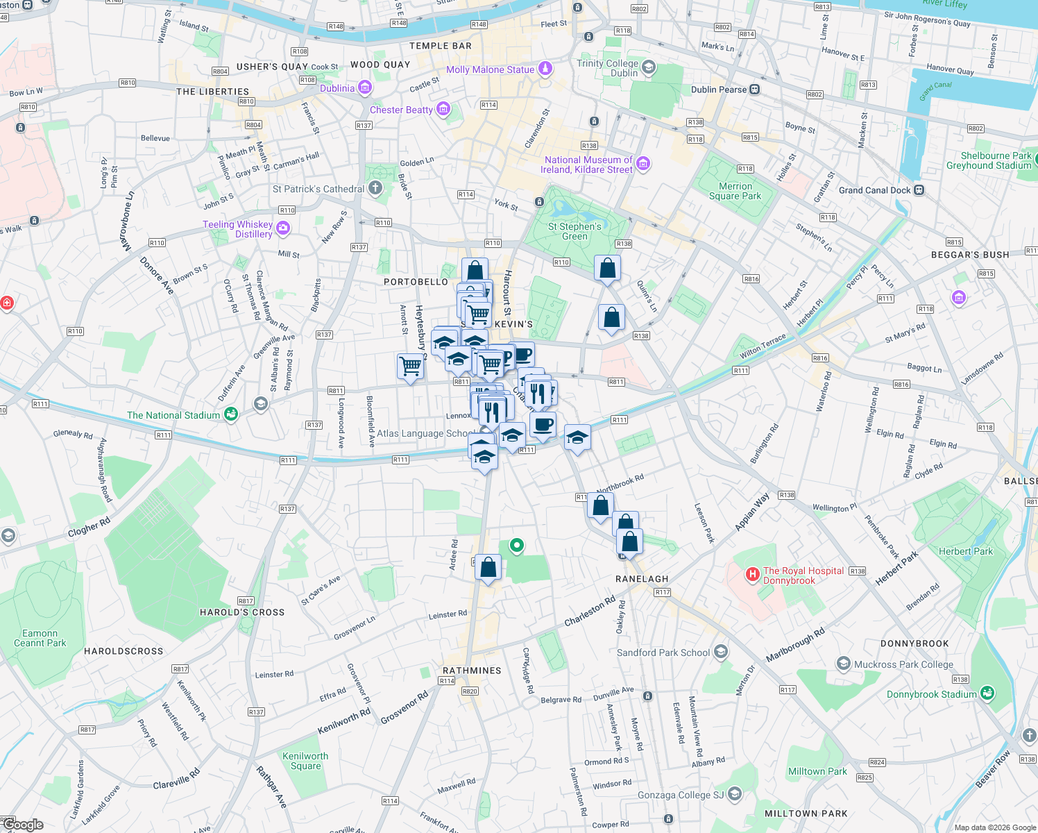 map of restaurants, bars, coffee shops, grocery stores, and more near 1 Charlemont Square in Dublin