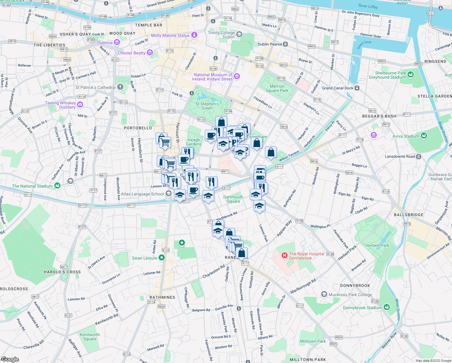 map of restaurants, bars, coffee shops, grocery stores, and more near 55 Charlemont Place in Dublin