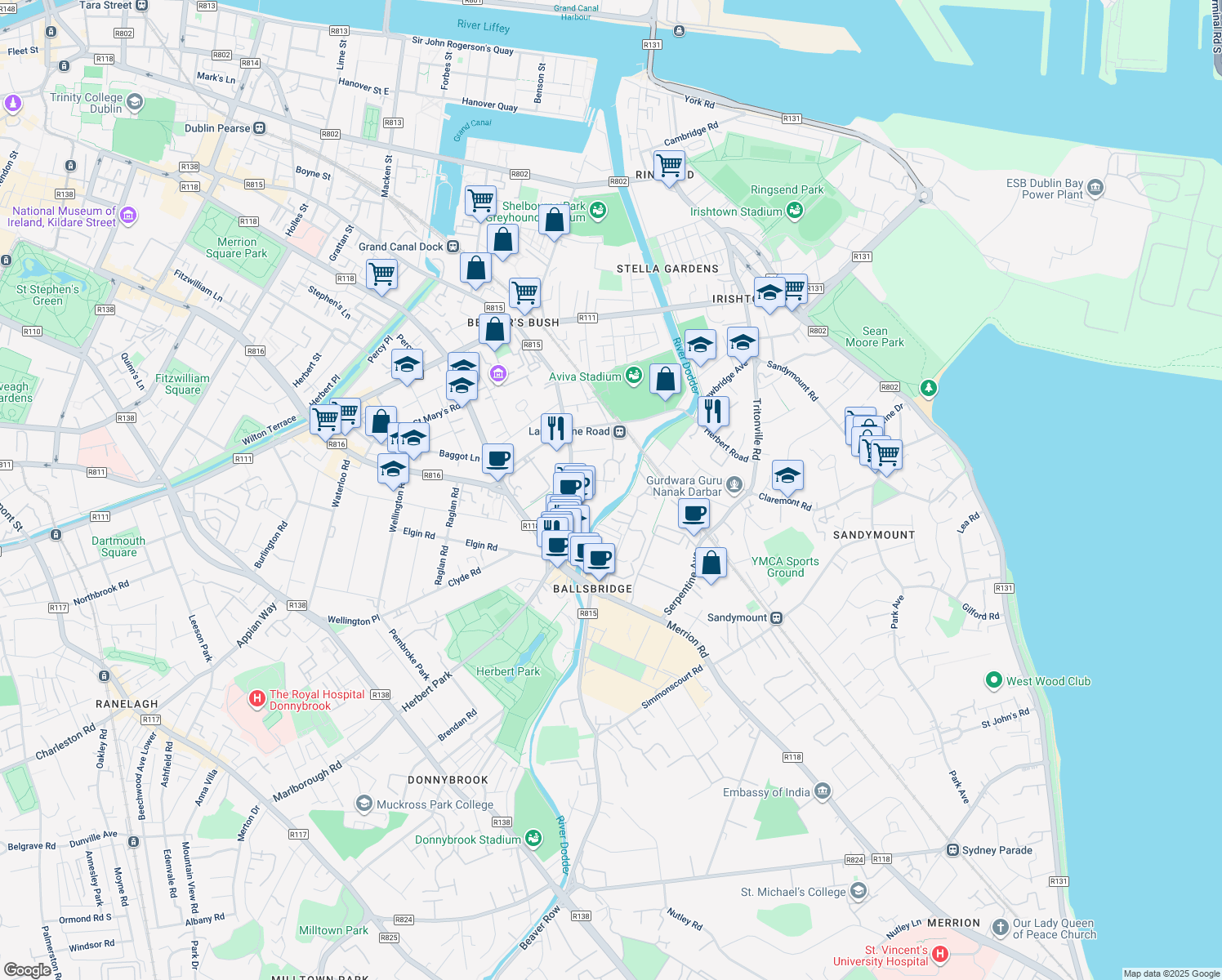 map of restaurants, bars, coffee shops, grocery stores, and more near 2 Shelbourne Road in Dublin