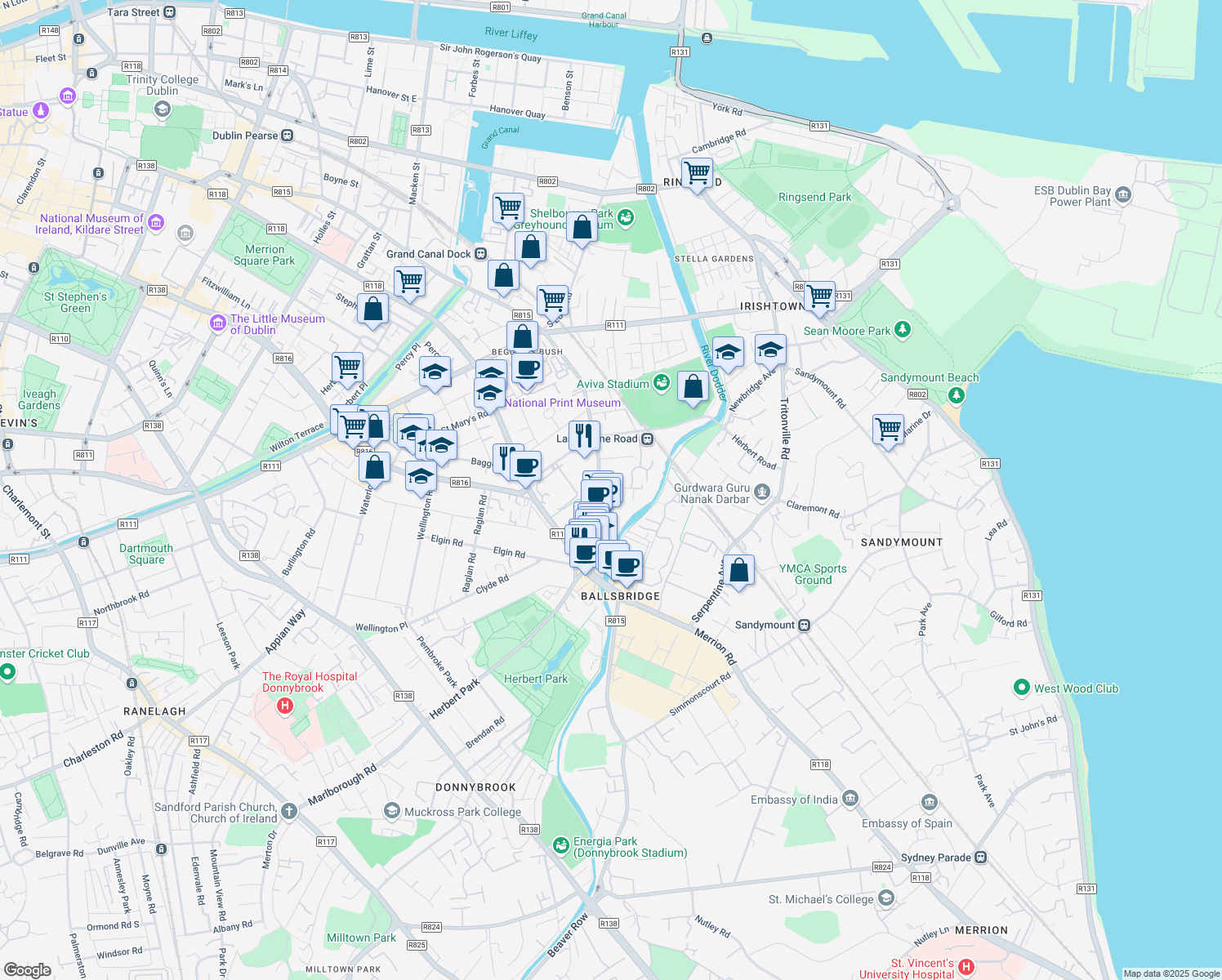 map of restaurants, bars, coffee shops, grocery stores, and more near 2 Shelbourne Road in Dublin