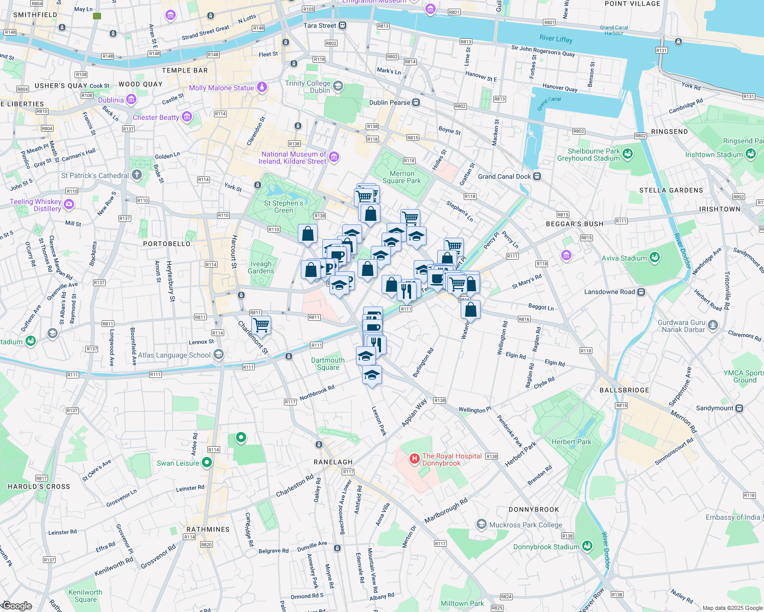 map of restaurants, bars, coffee shops, grocery stores, and more near Wilton Terrace in Dublin