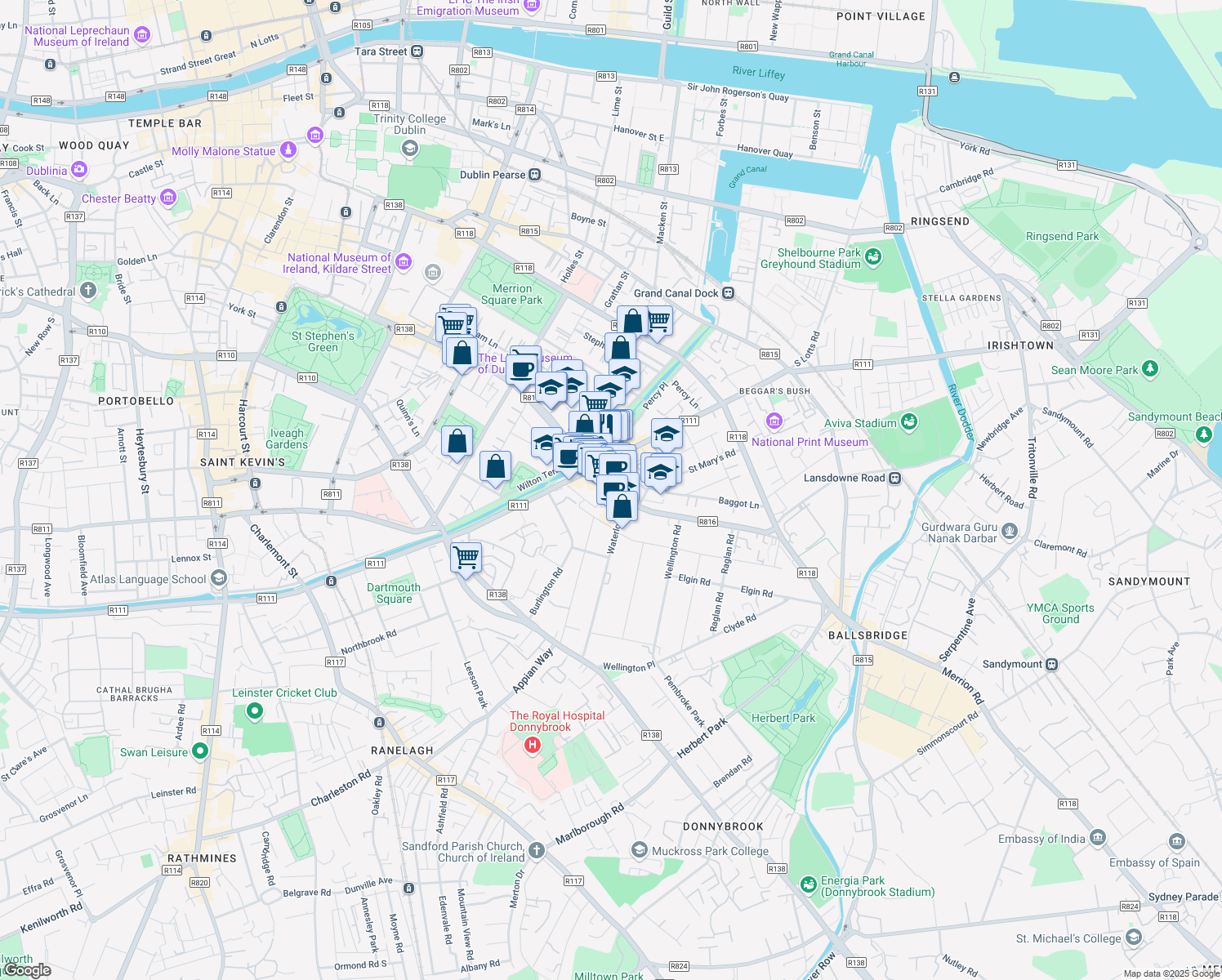 map of restaurants, bars, coffee shops, grocery stores, and more near 27 Baggot Street Upper in Dublin