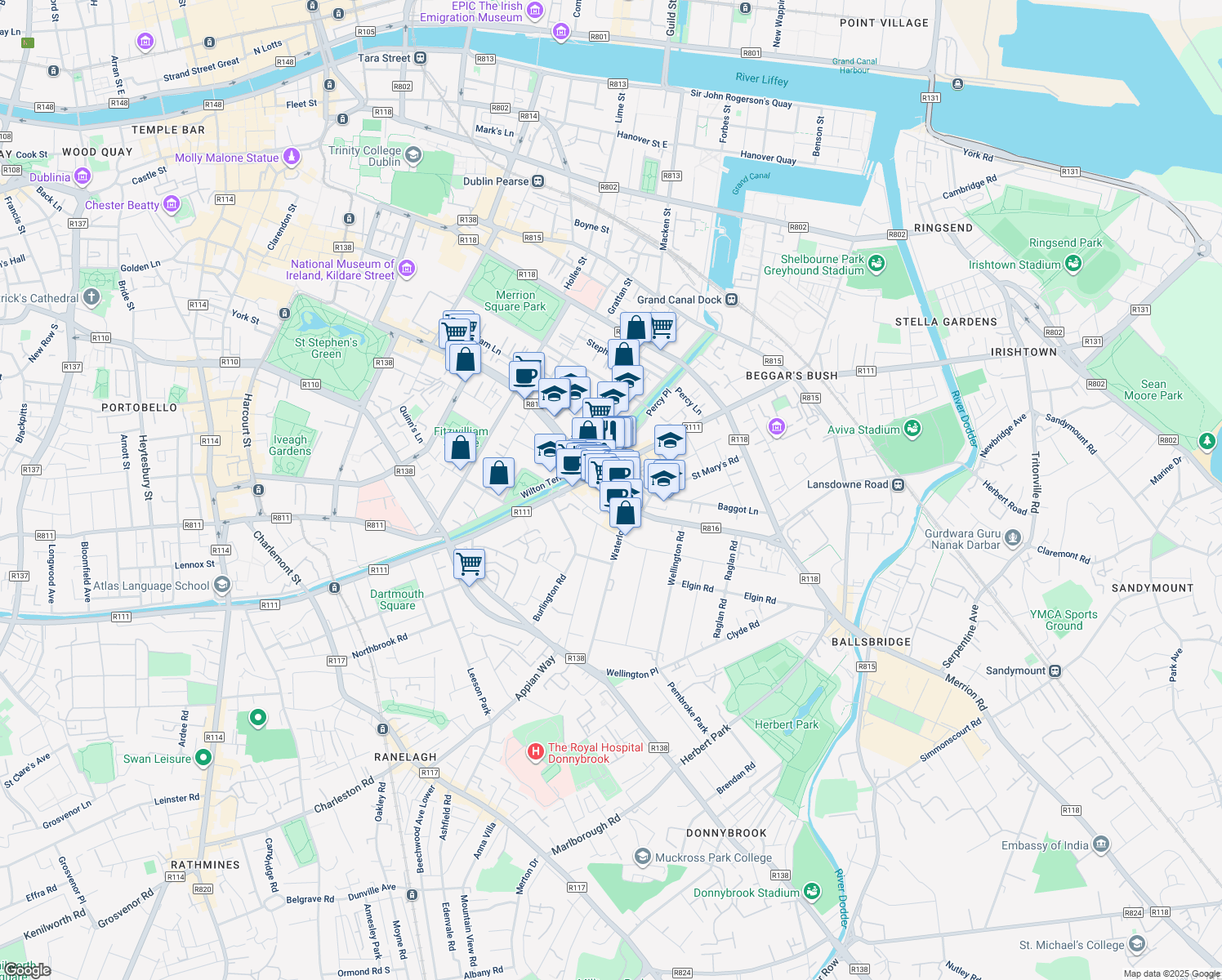 map of restaurants, bars, coffee shops, grocery stores, and more near 27 Baggot Street Upper in Dublin