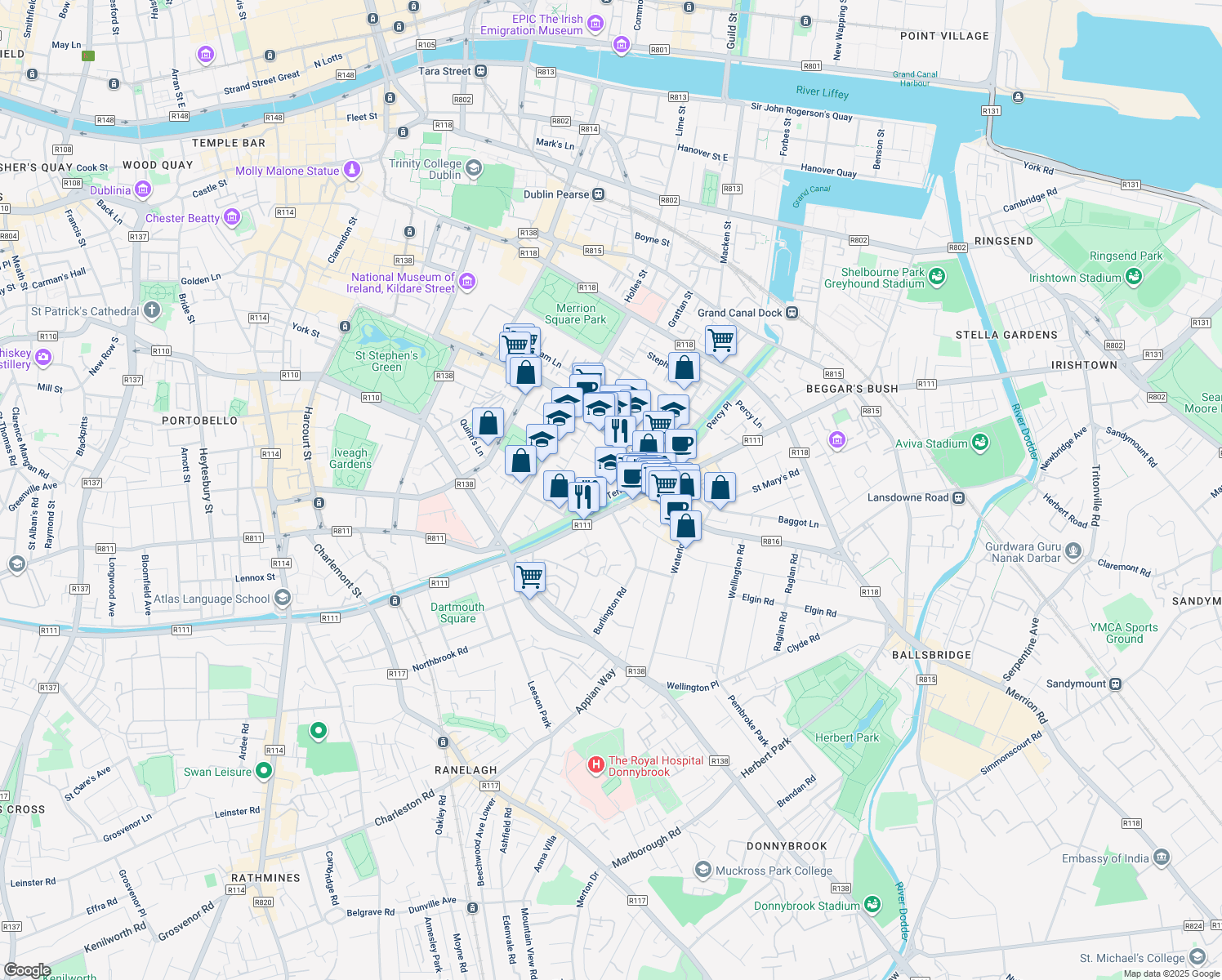 map of restaurants, bars, coffee shops, grocery stores, and more near 1 Wilton Place in Dublin