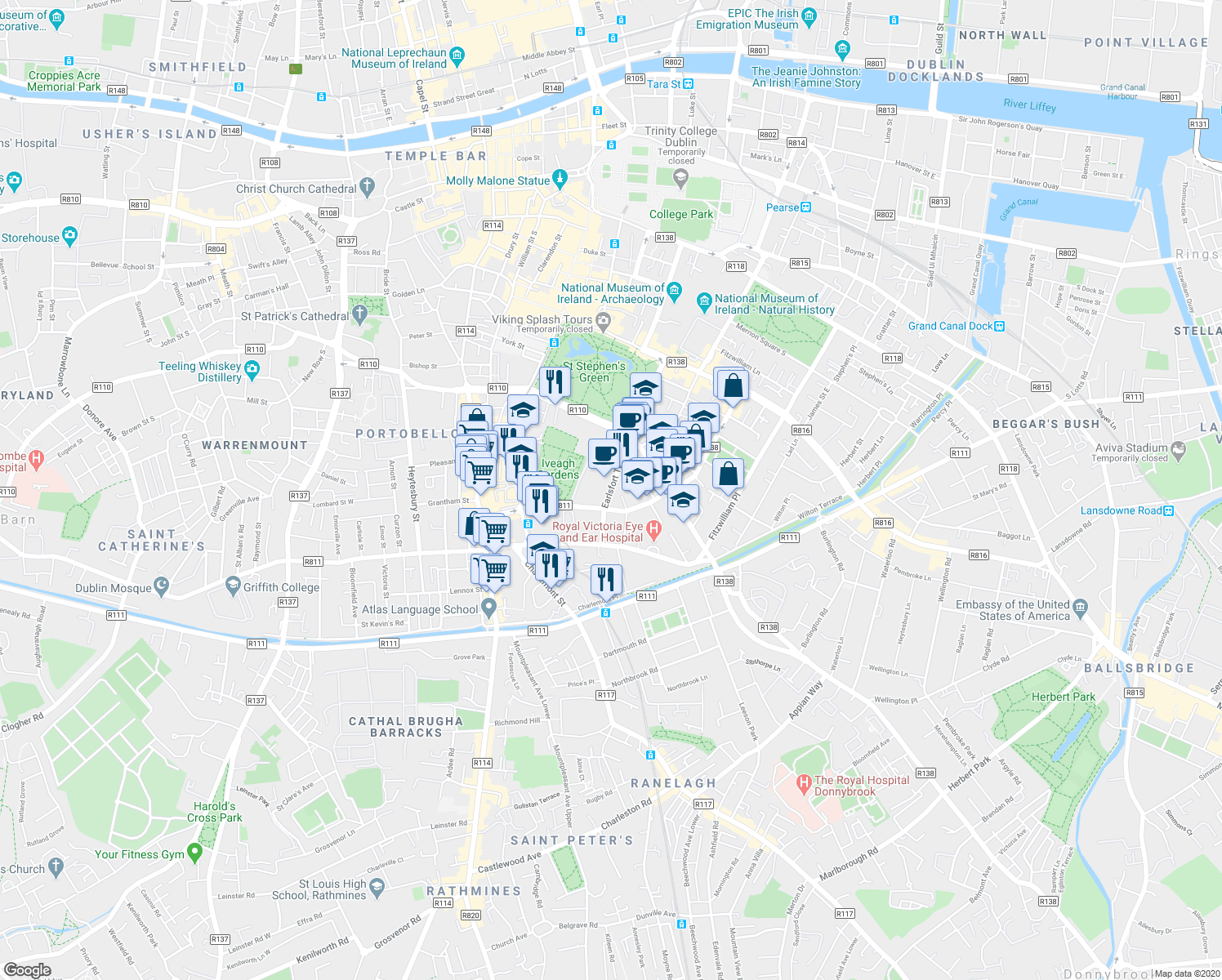 map of restaurants, bars, coffee shops, grocery stores, and more near Earlsfort Terrace in Dublin