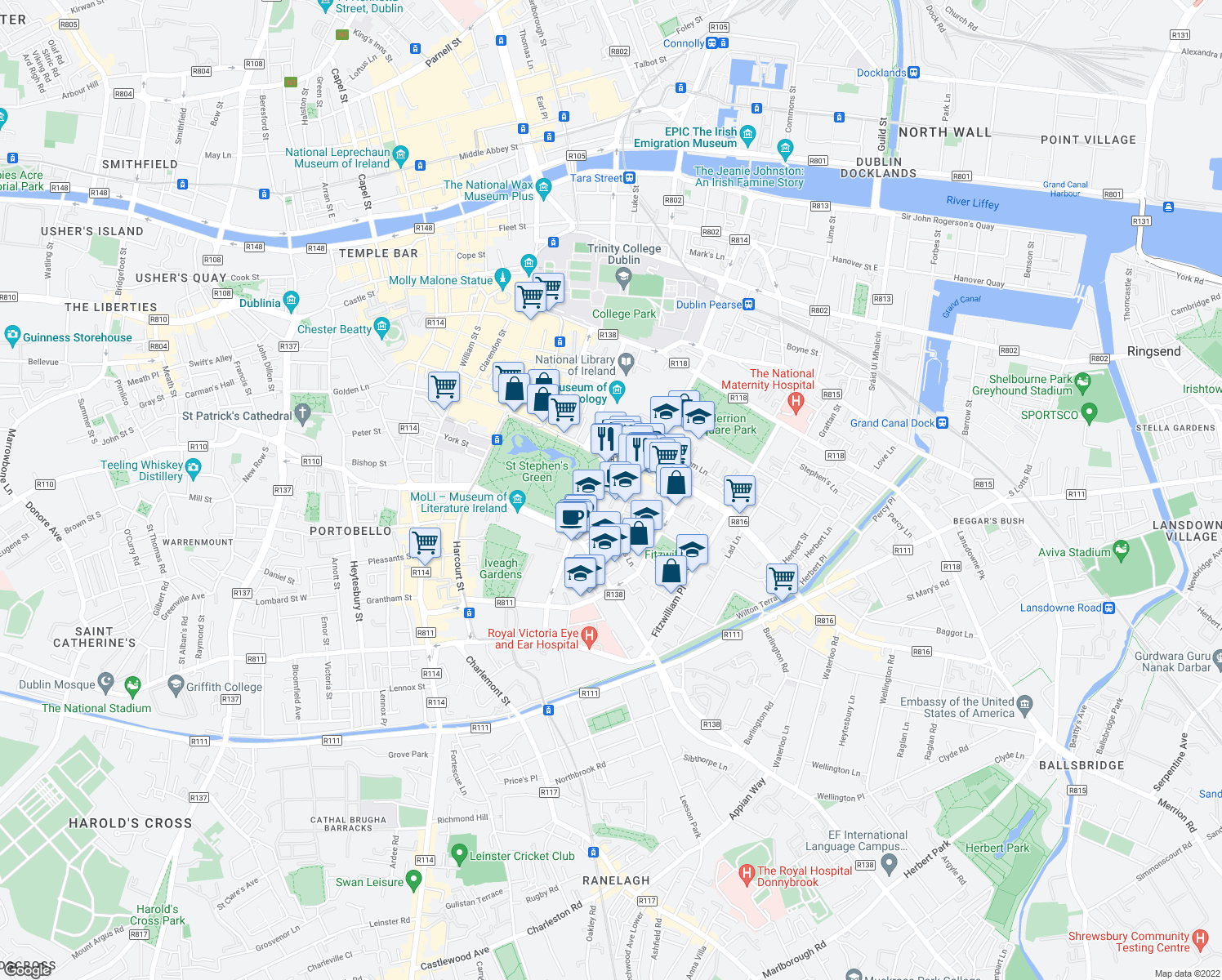 map of restaurants, bars, coffee shops, grocery stores, and more near 2 Hume Street in Dublin