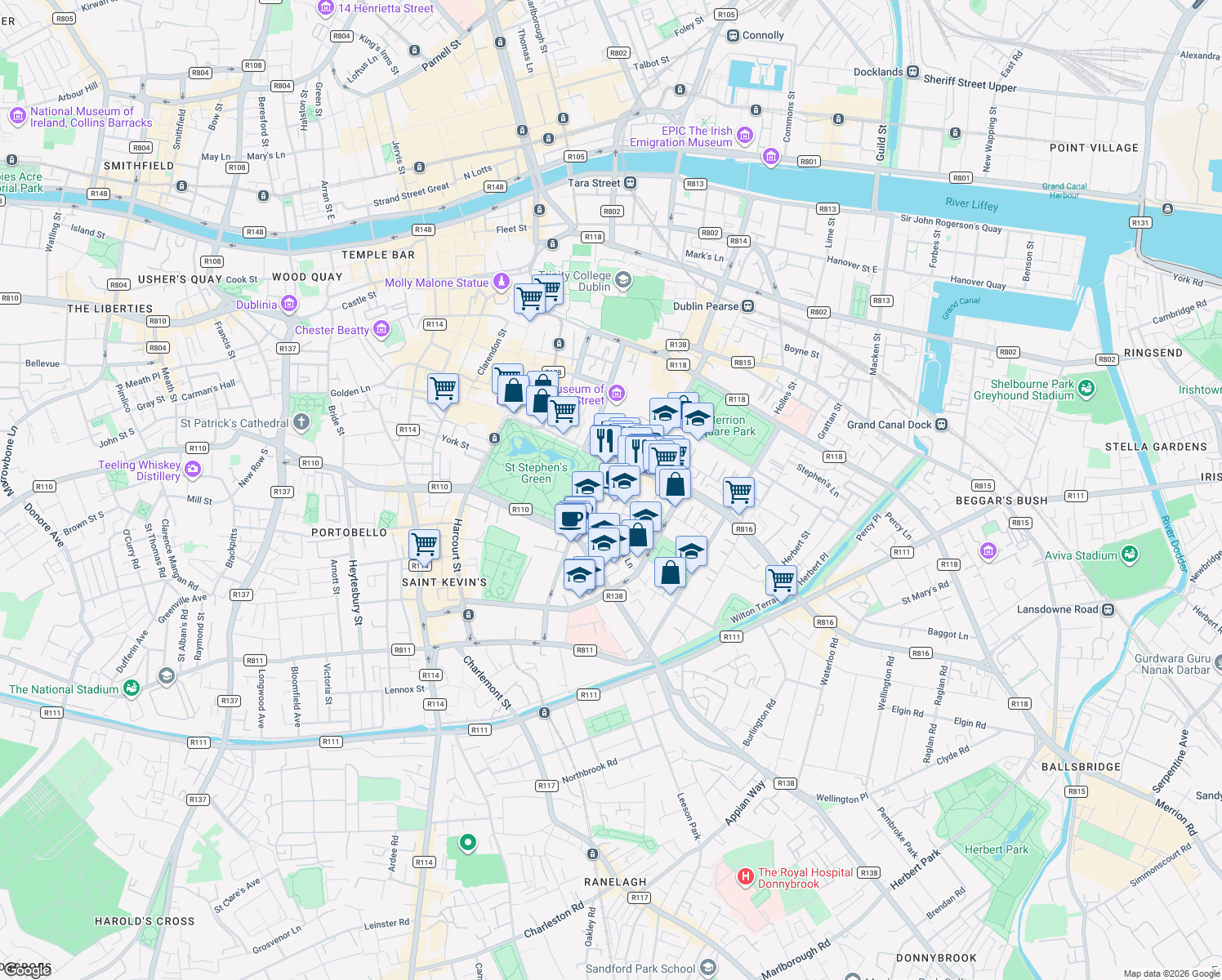 map of restaurants, bars, coffee shops, grocery stores, and more near 2 Hume Street in Dublin