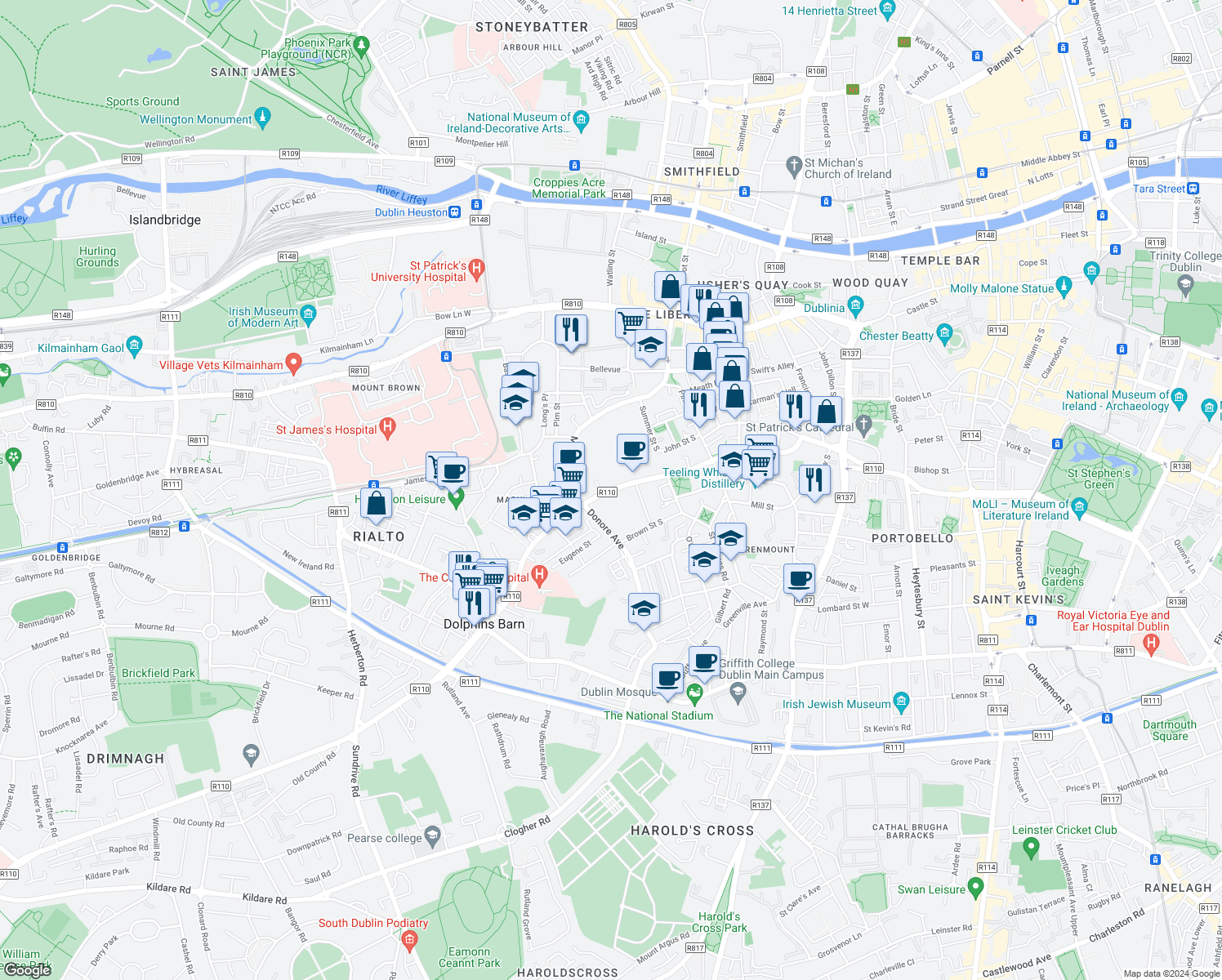 map of restaurants, bars, coffee shops, grocery stores, and more near Cork Street in Dublin