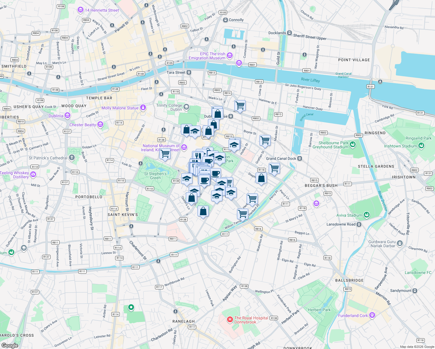 map of restaurants, bars, coffee shops, grocery stores, and more near 66 Fitzwilliam Lane in Dublin